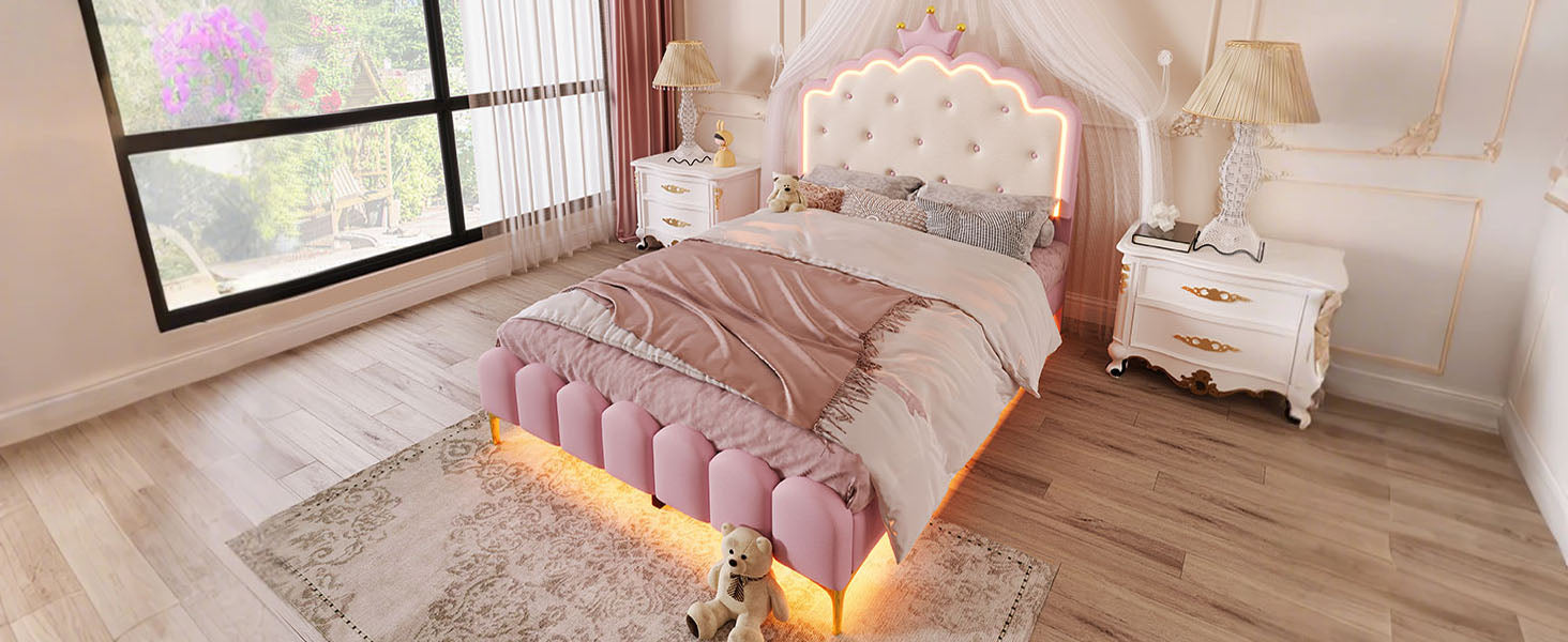 Logidon gestoffeerd bed 140x200 roze met lattenbodem LED-verlichting