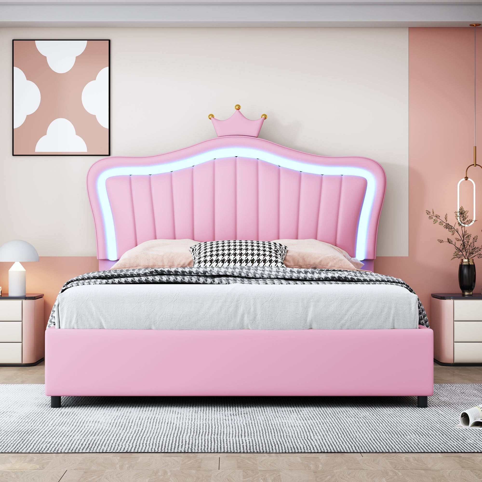 Logidon kinderbed 140x200 roze gestoffeerd bed met hydraulische opbergruimte