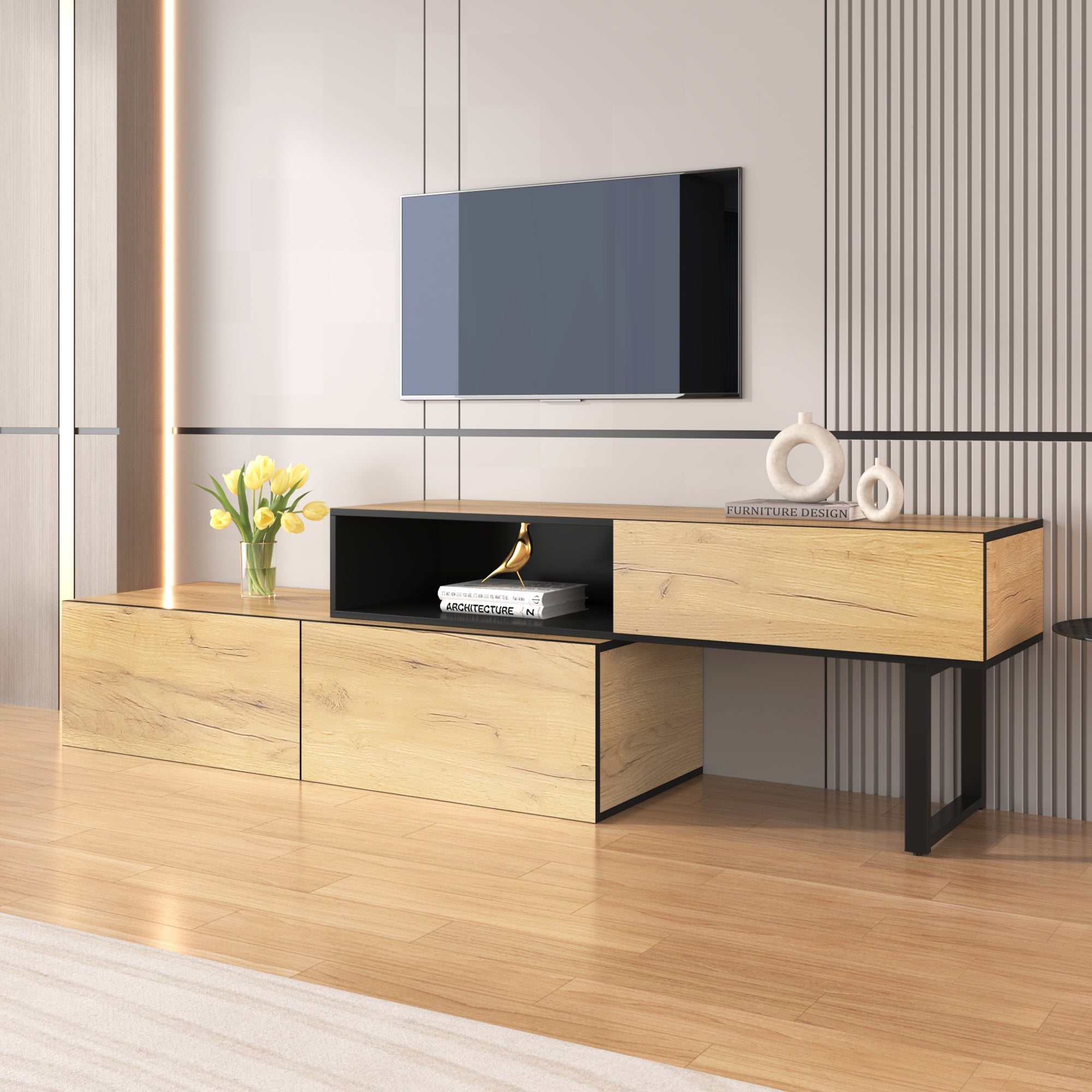 Logidon Adjustable TV Cabinet Combination 135-200cm Three Drawers Large Compartment