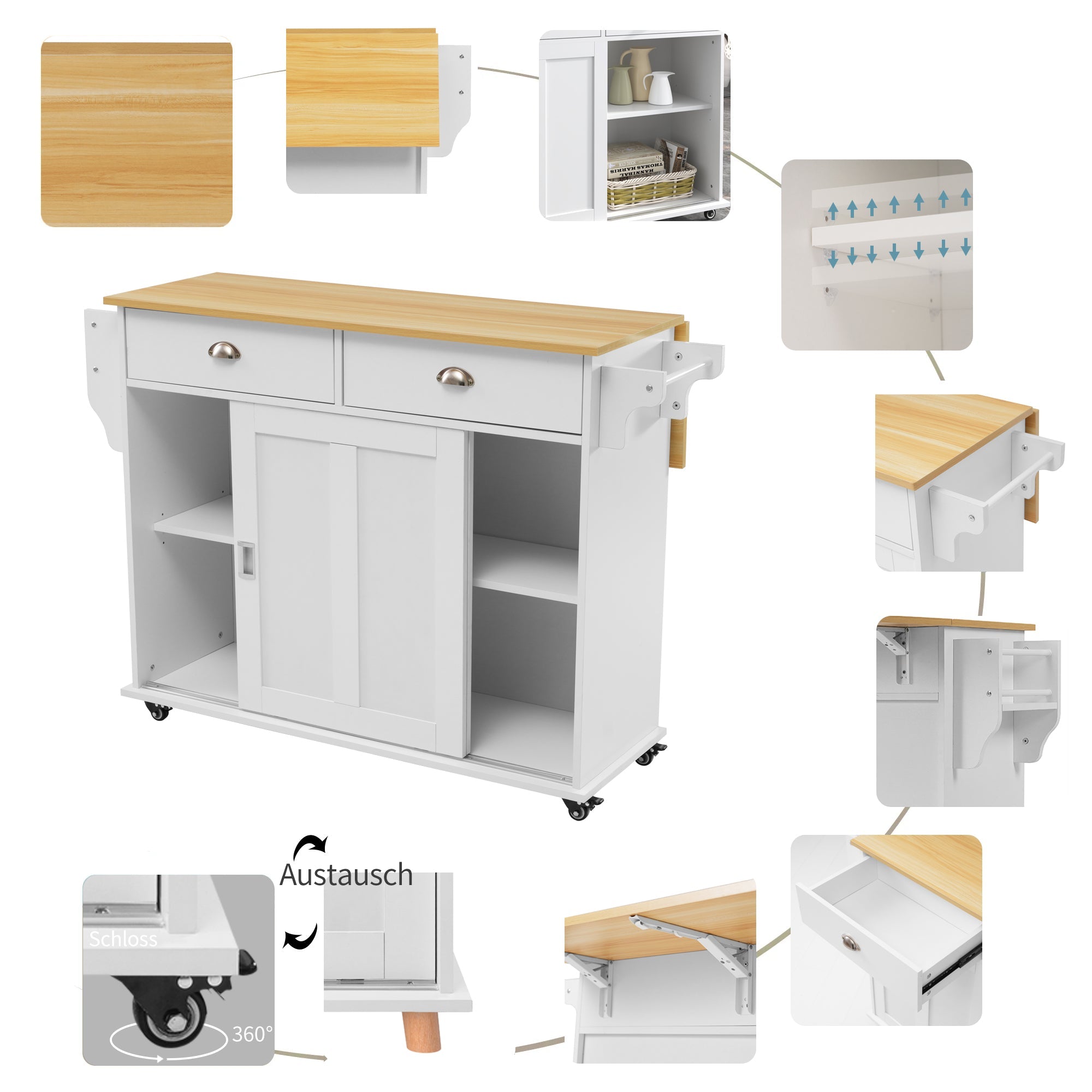 Logidon Dining Room Trolley Sideboard with Folding Table White/Natural Wood