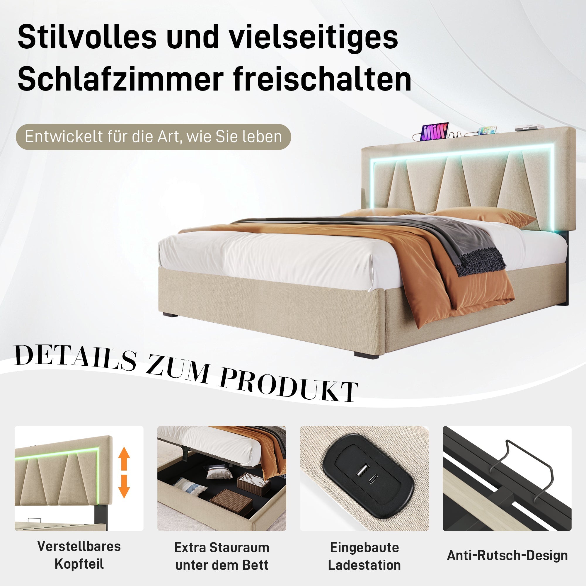 Logidon gestoffeerd bed LED tweepersoonsbed met USB Type C oplaadfunctie 160x200