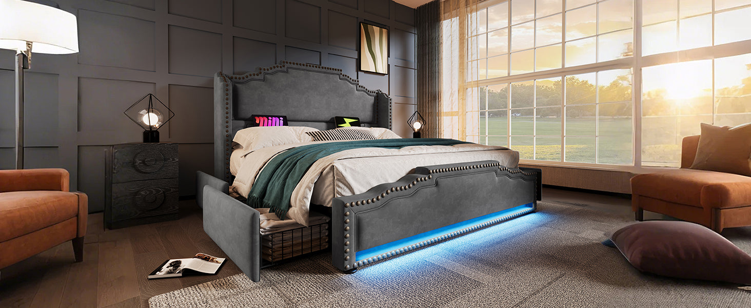 Logidon gestoffeerd bed 140x200 fluweelgrijs met 4 oplaad-LED-lampjes USB C