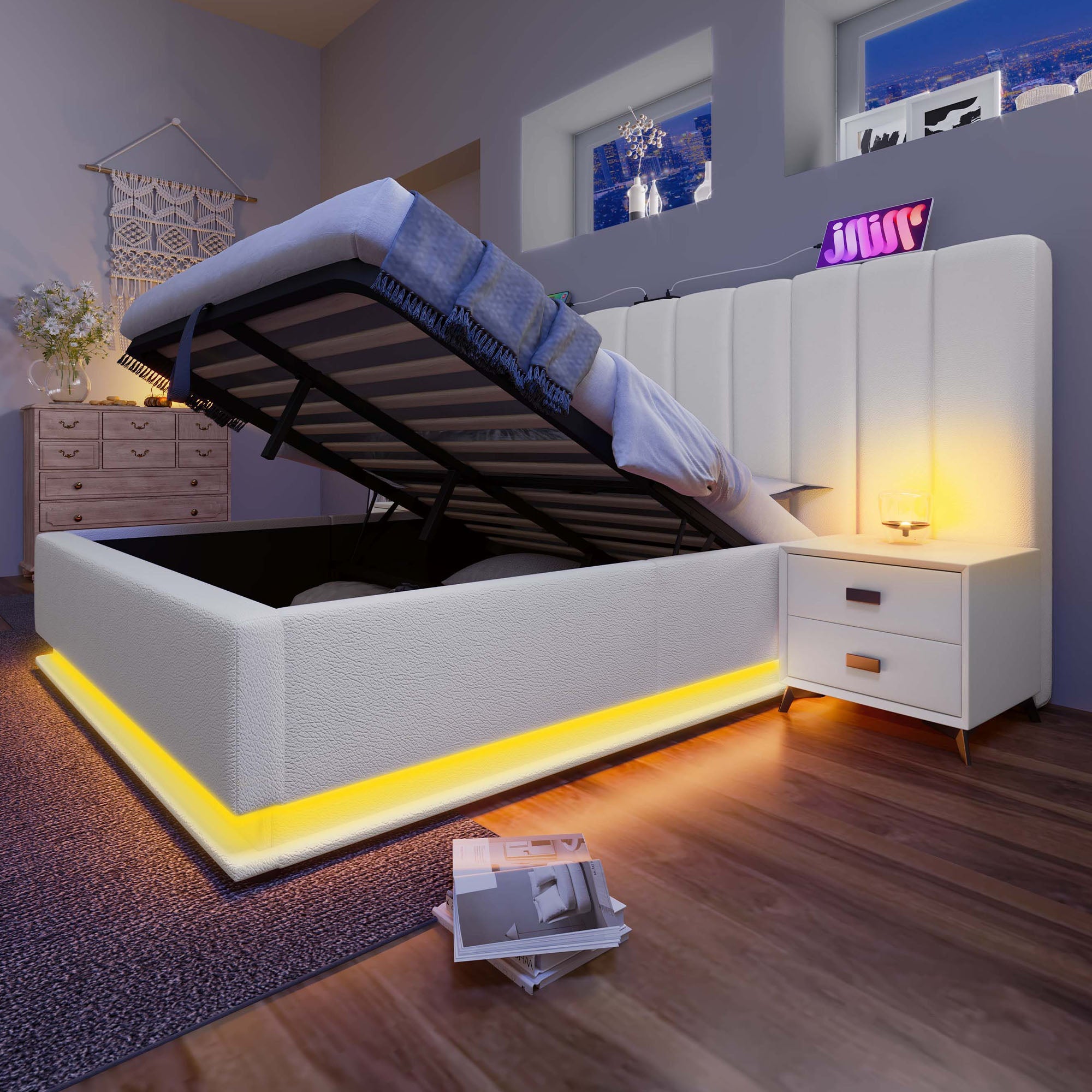 Logidon gestoffeerd bed 160x200 wit met opbergruimte en app-gestuurde LED-verlichting