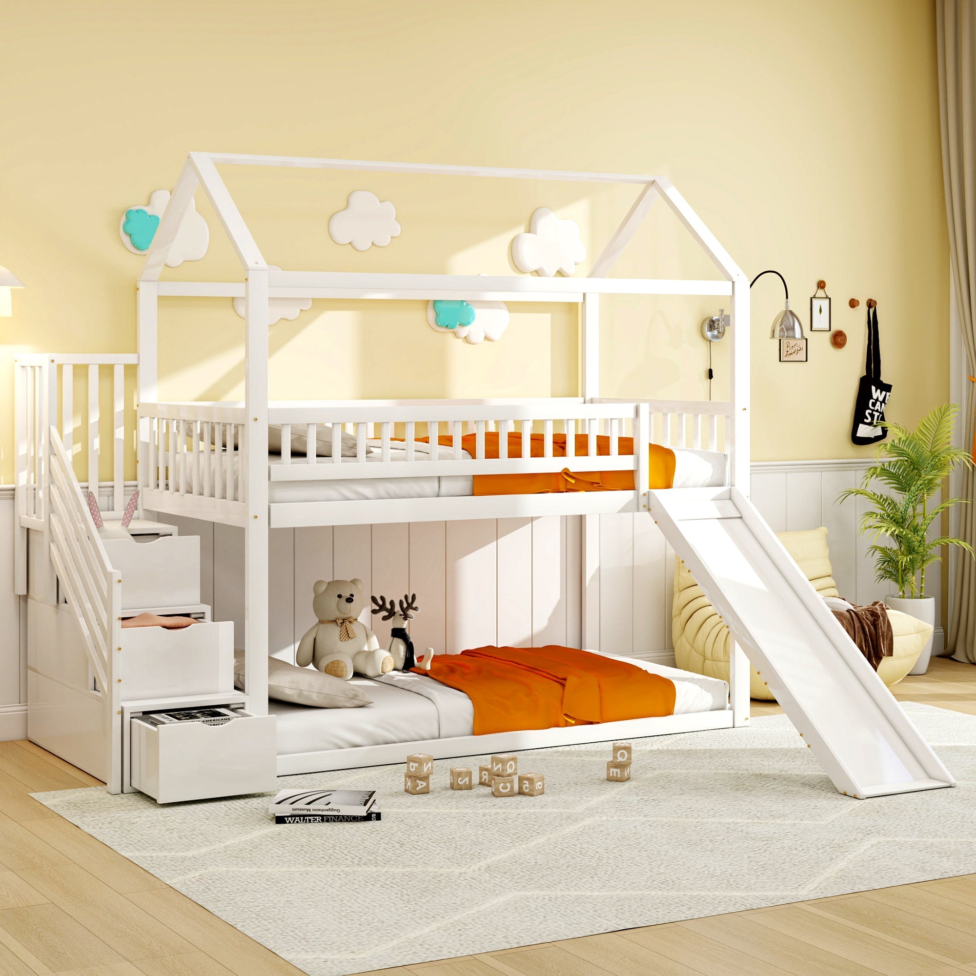 Logidon hoogslaper kinderstapelbed 90x200 wit glijbaan met opbergladder