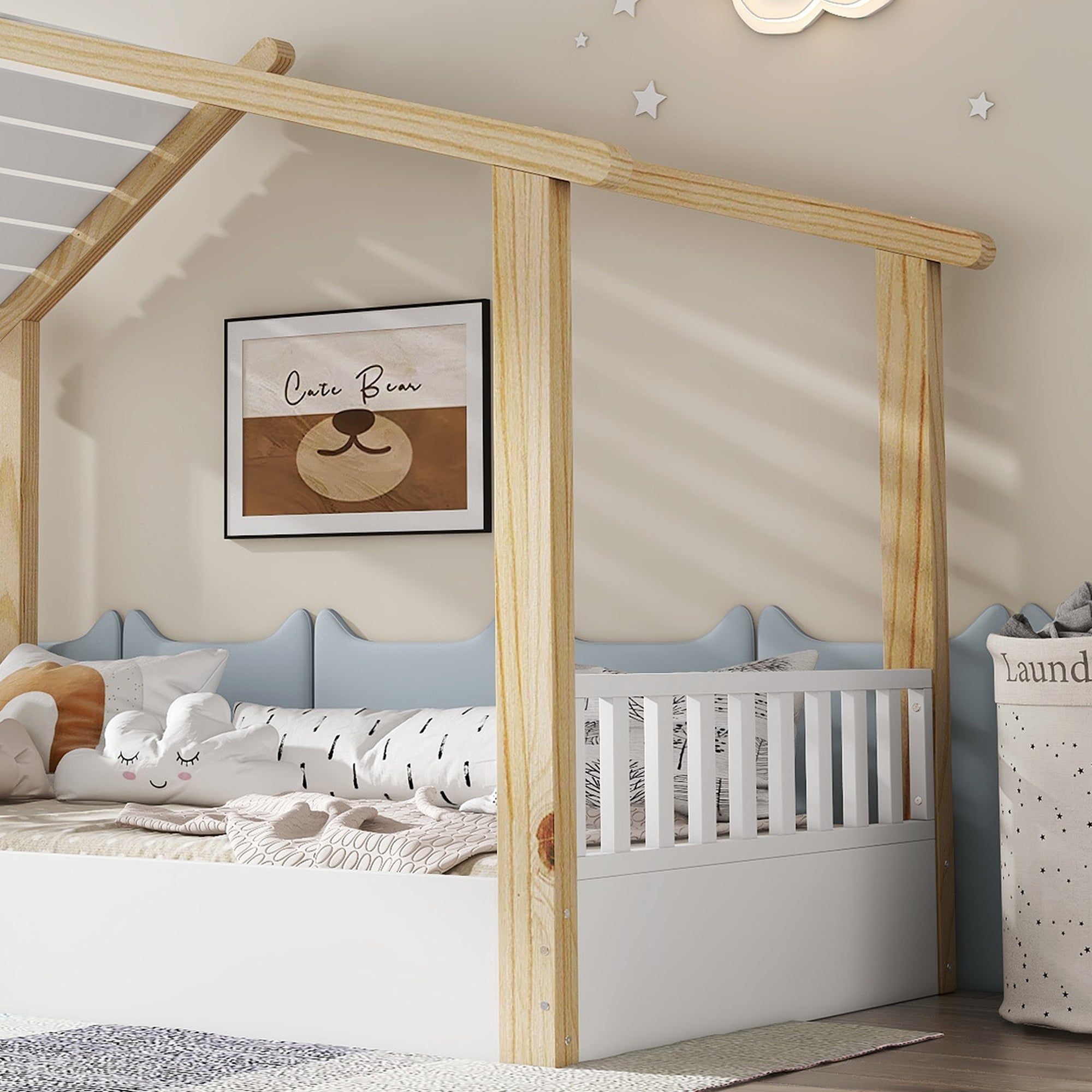 Logidon children's bed 90x200 cm white natural - wooden house design slatted frame
