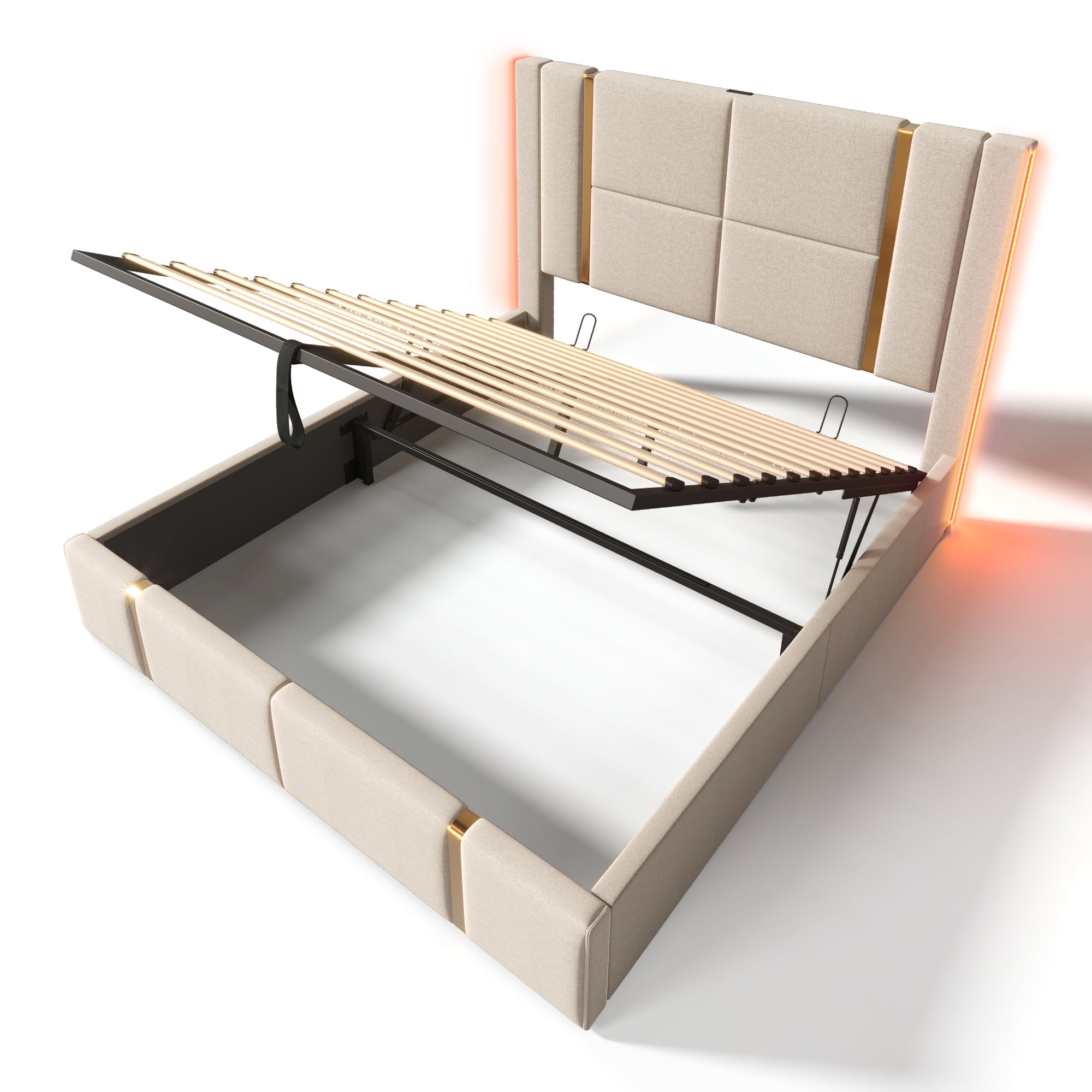 Logidon double bed 140x200 USB C charging function APP LED beige linen