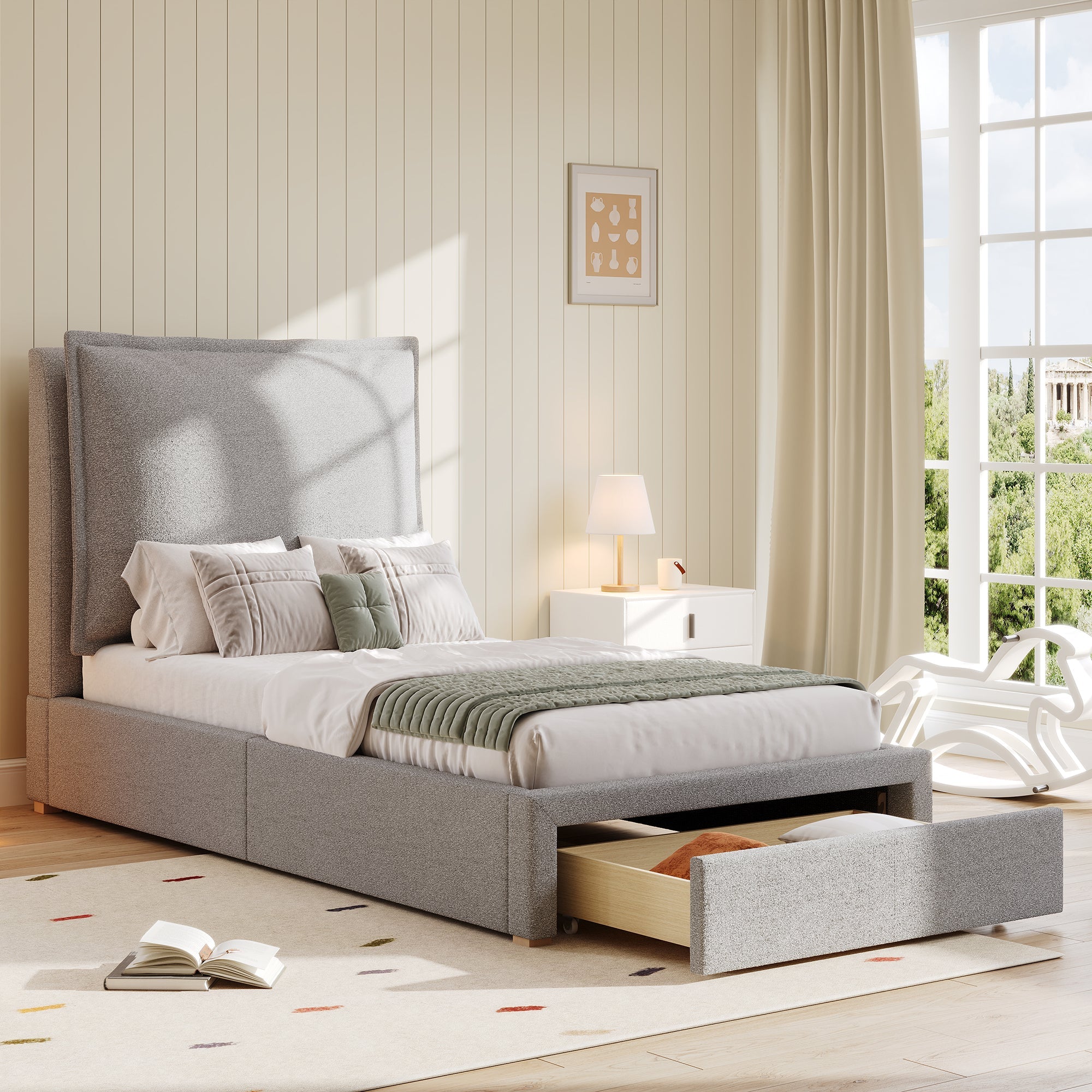Logidon gestoffeerd bed 90x200 cm functioneel bed grote lade grijze chenille