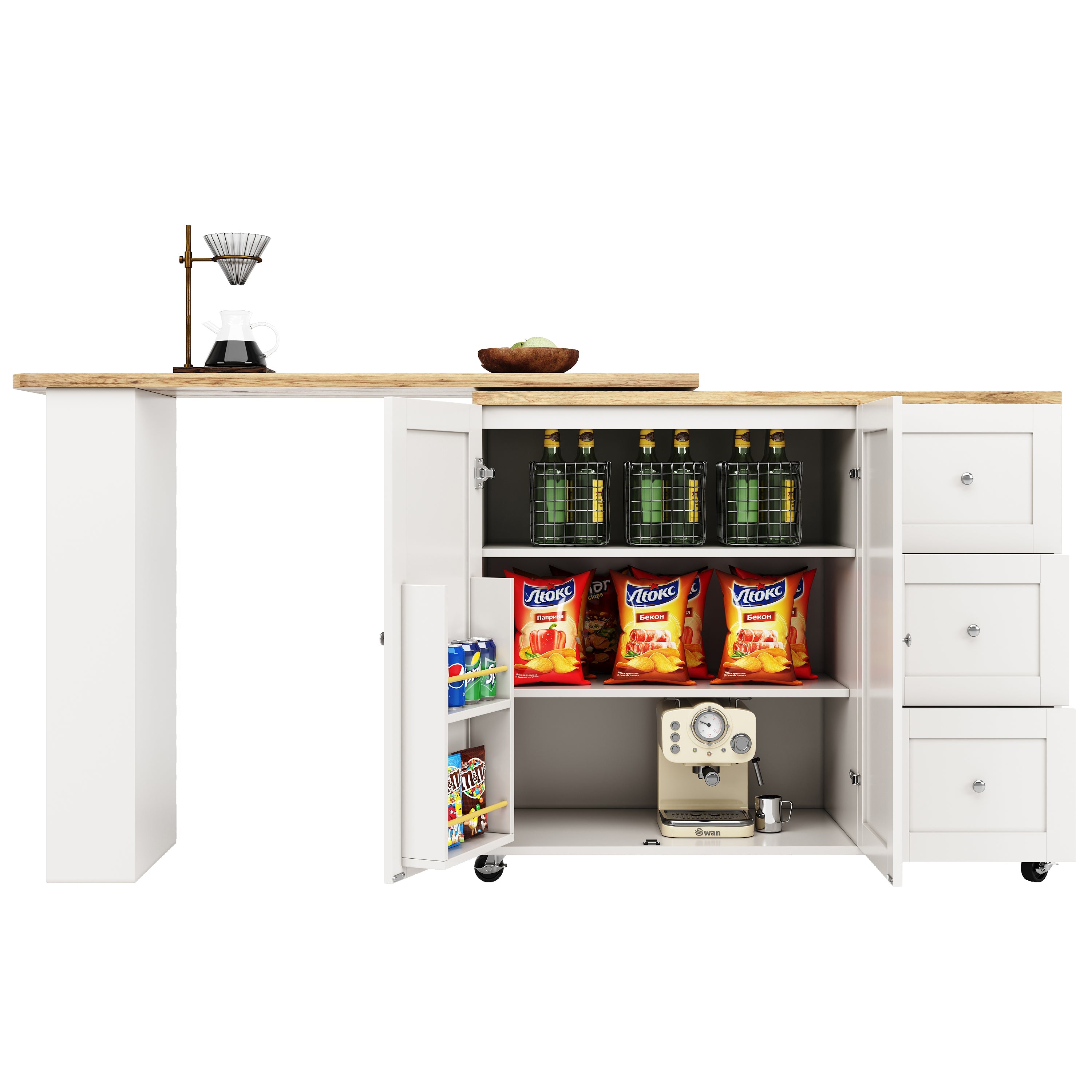 Logidon Swivel Dining Table White with Wheels Three Drawers 138-209 cm