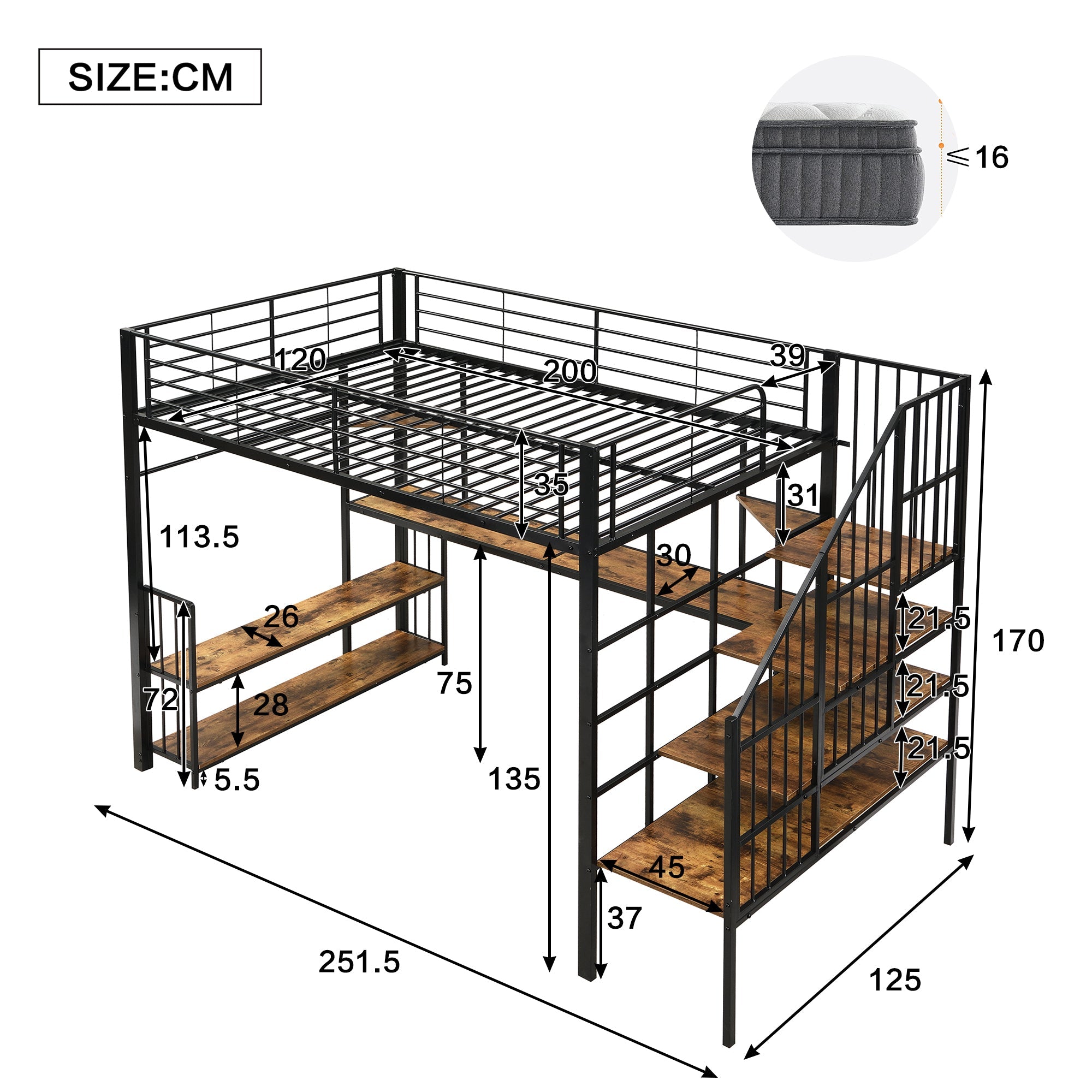 Logidon hoogslaper 120x200 zwart met ladder en oplaadpoort