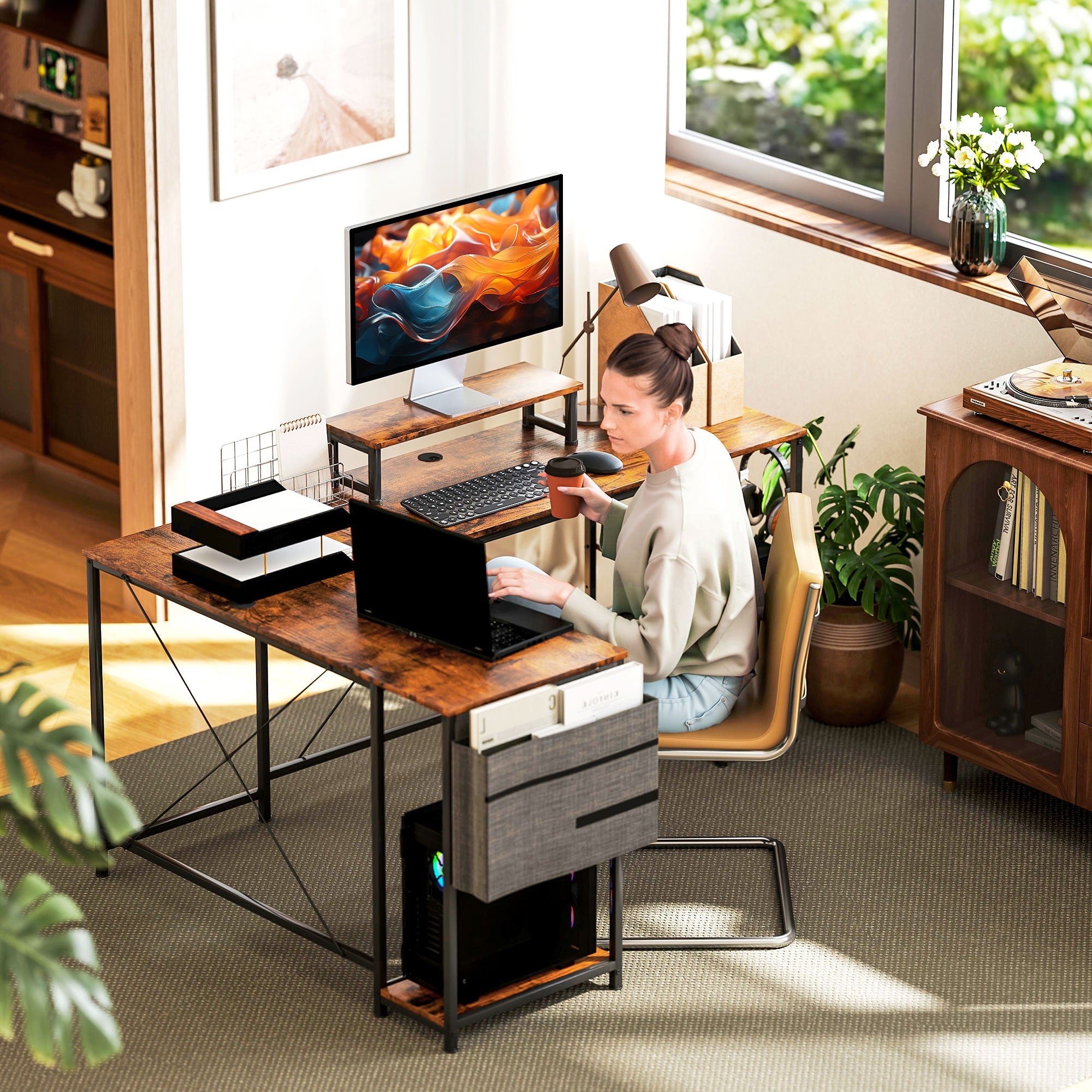 Logidon L-vormig bureau 168x120 cm rustiek bruine monitorstandaard