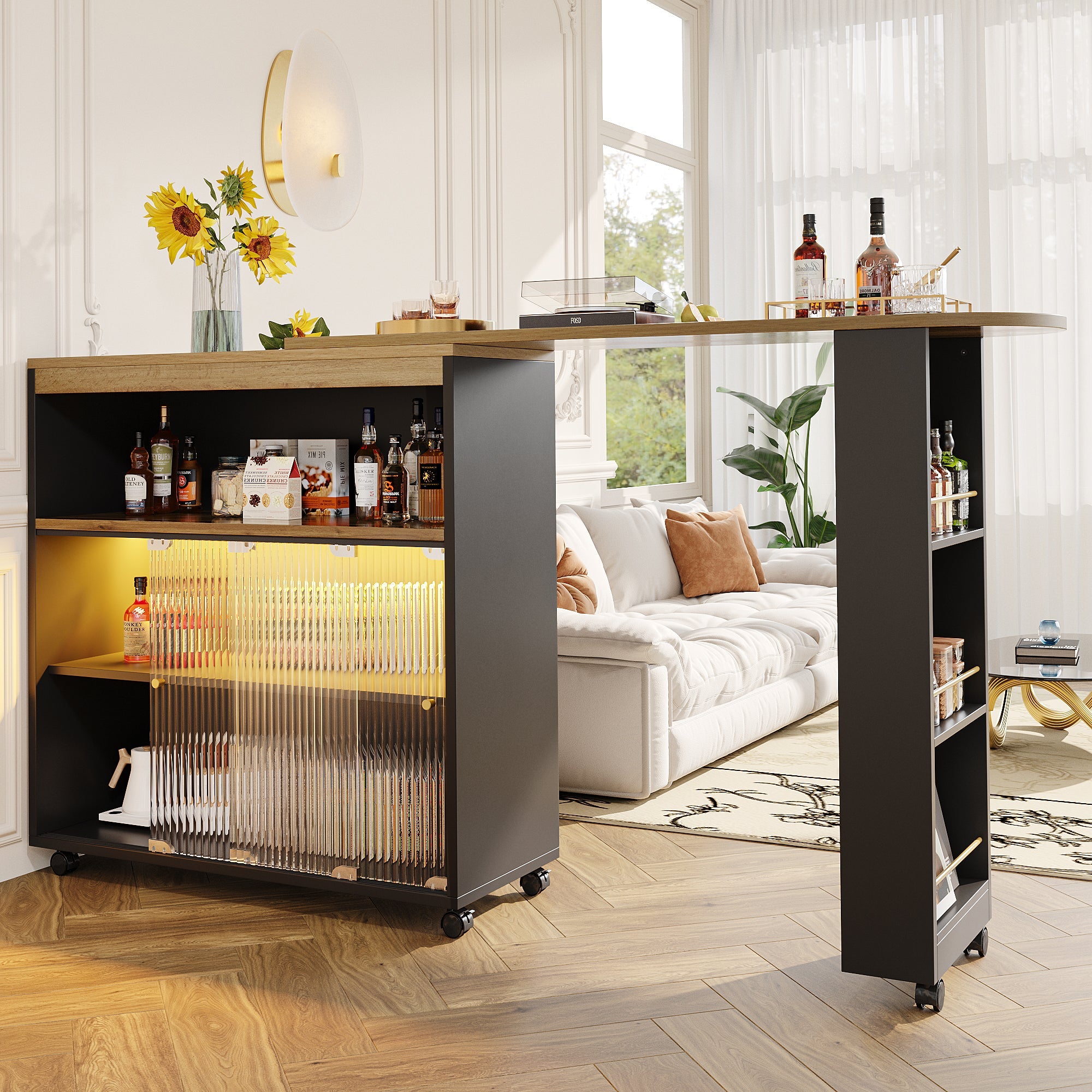 Logidon Uitschuifbare bartafel met opbergruimte en LED 138 tot 204 cm
