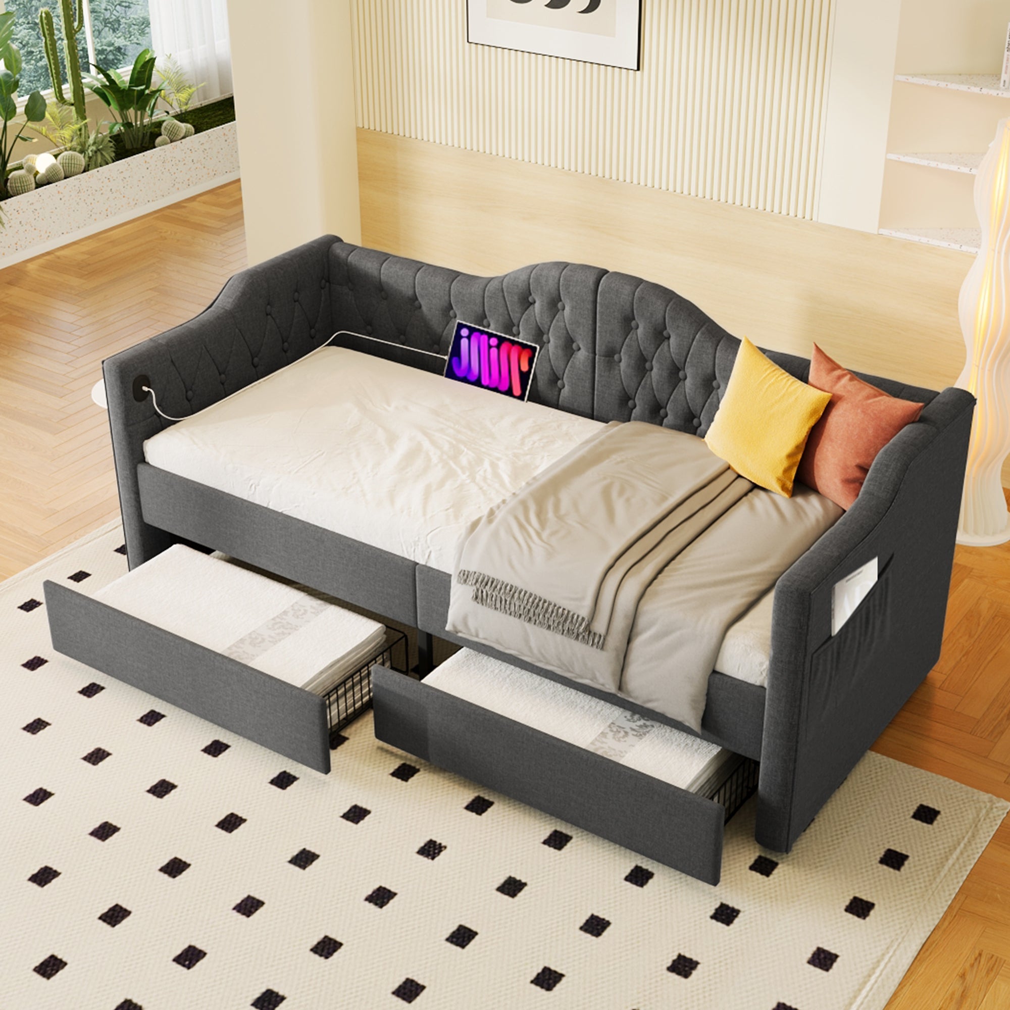 Logidon upholstered daybed 90x200 gray USB-C charging function 2 drawers