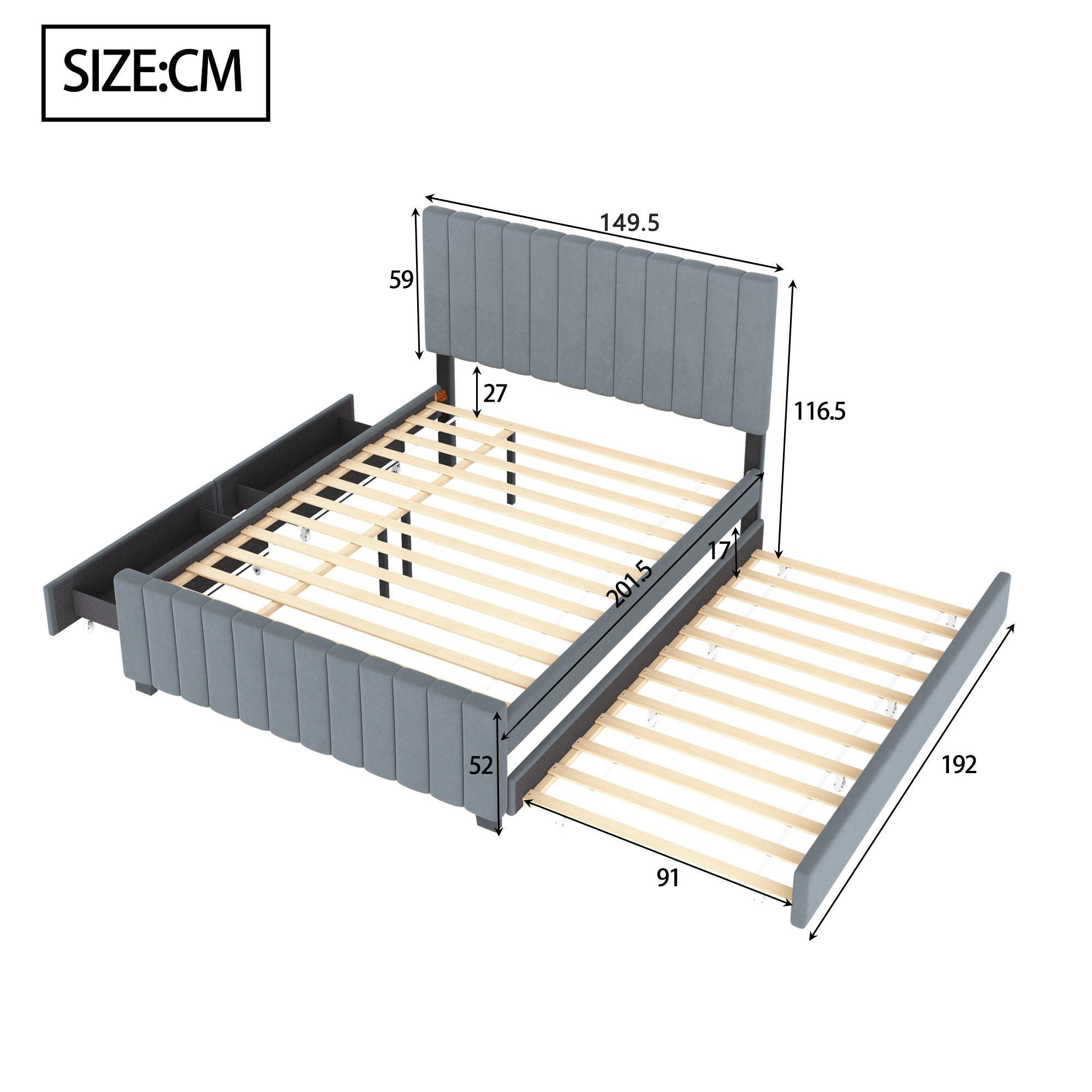Logidon gestoffeerd bed 140x190 cm uitschuifbaar bed twee laden grijs fluweel