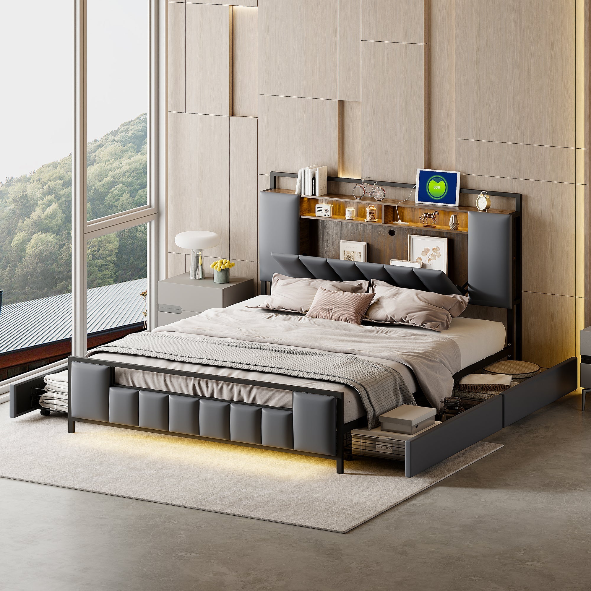 Logidon gestoffeerd bed 160x200 cm grijs kunstleer met LED USB-laden