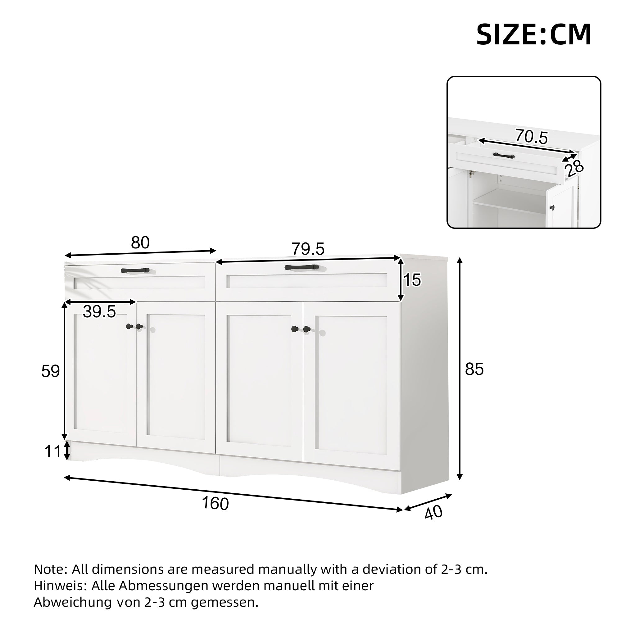 Logidon Dressoir 160 x 40 x 85 cm – Wit dressoir met 2 lades