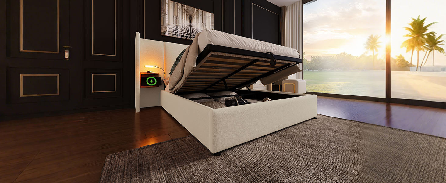 Logidon upholstered bed 160x200 double bed beige linen with storage space