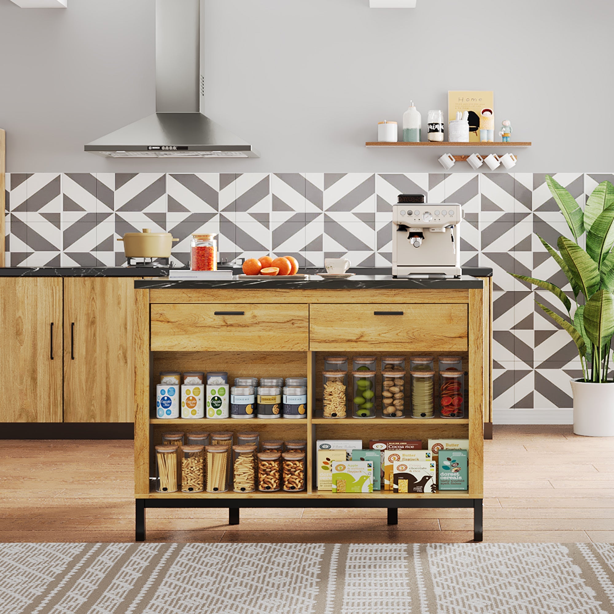 Logidon kitchen island country house style 120x75x90 cm with 2 drawers and 4 shelves