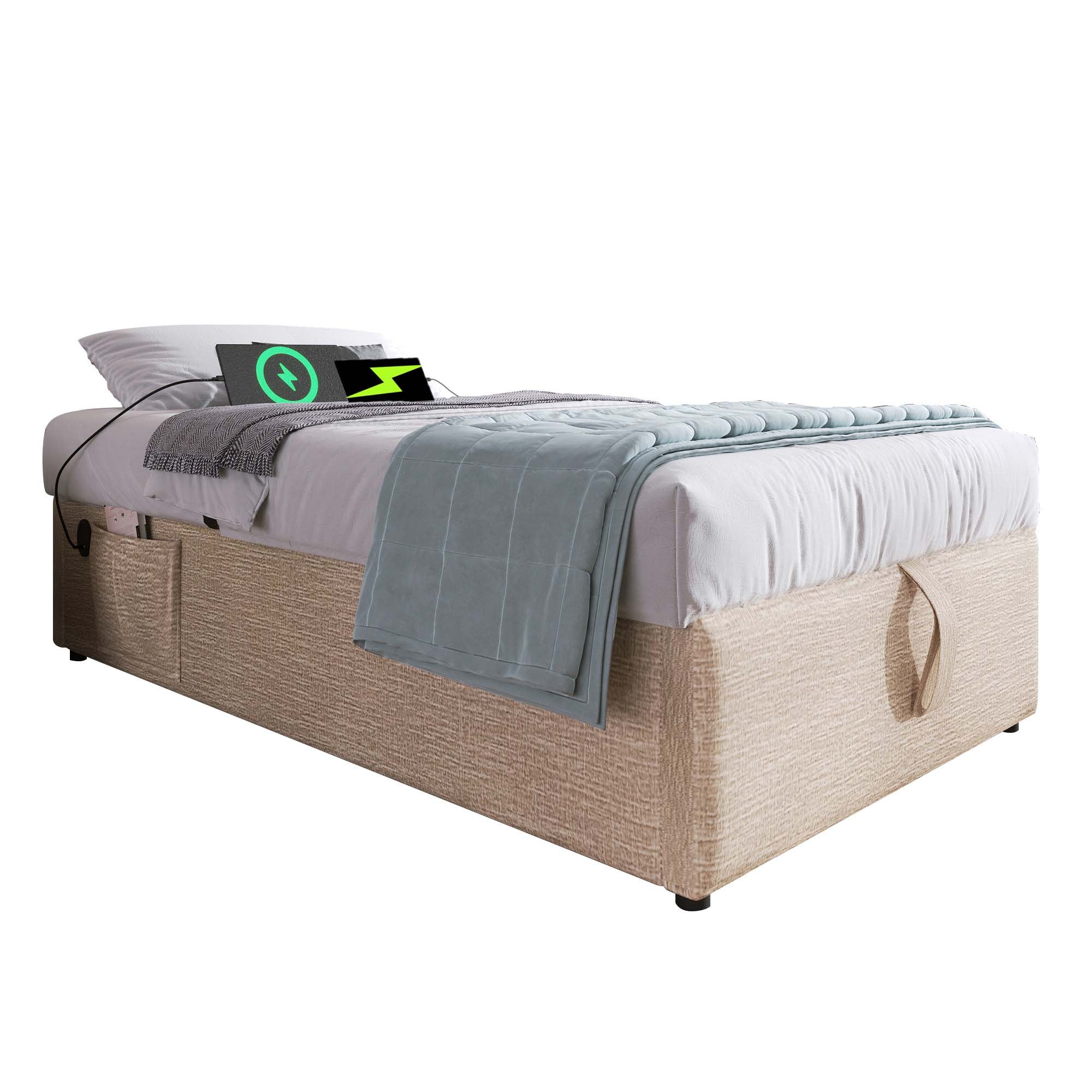 Logidon upholstered bed 90x190 beige USB C bed frame without headboard