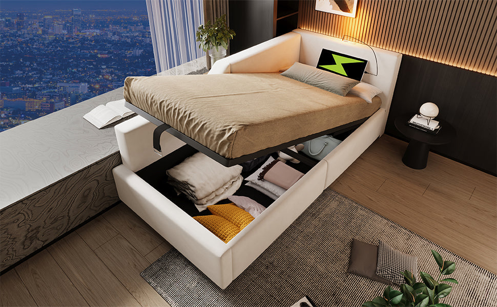 Logidon gestoffeerd bed 90x200 beige fluweel met opbergruimte USB oplaadfunctie