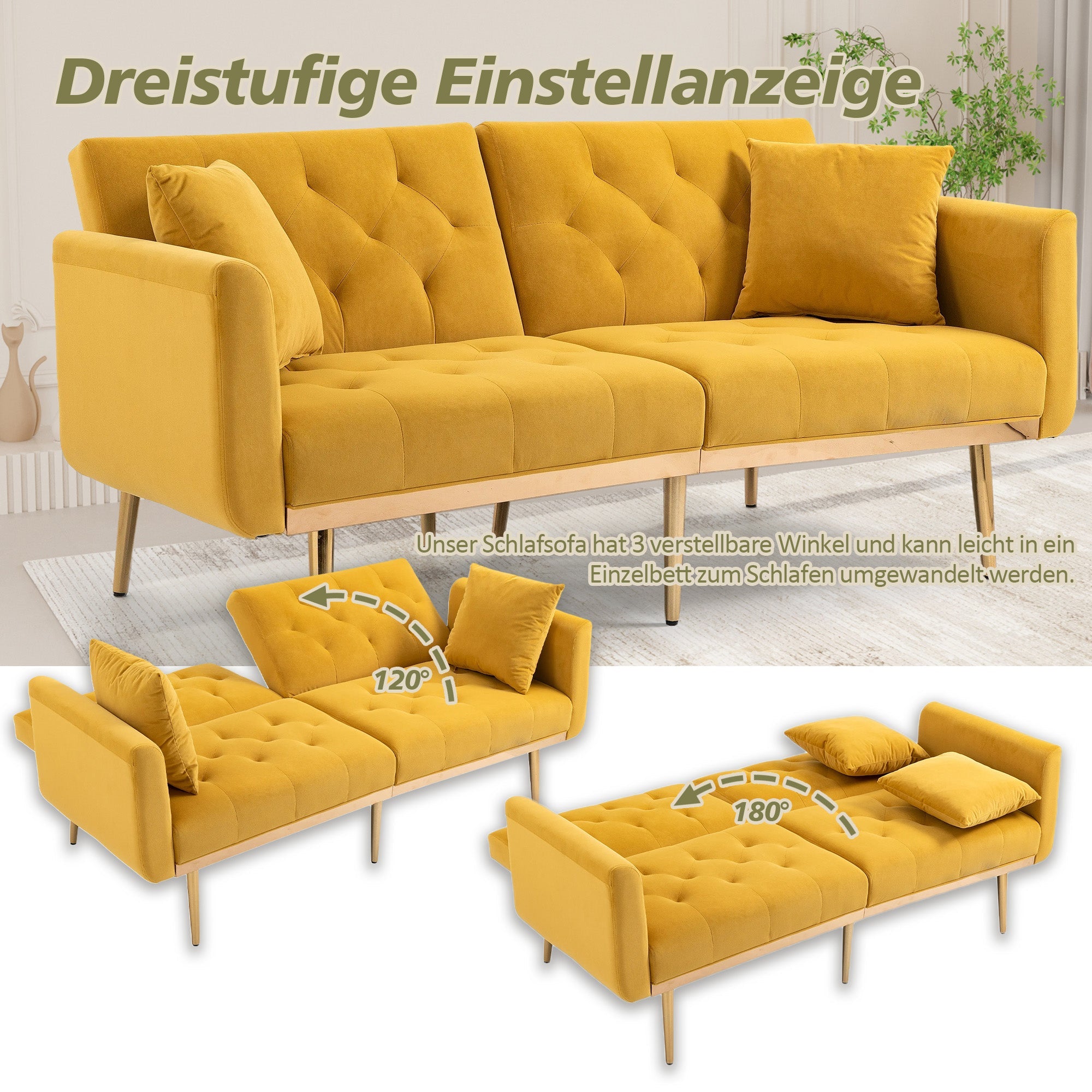 Logidon Luxe 3-zits designbank mosterdgeel fluweel slaapbank 3 posities