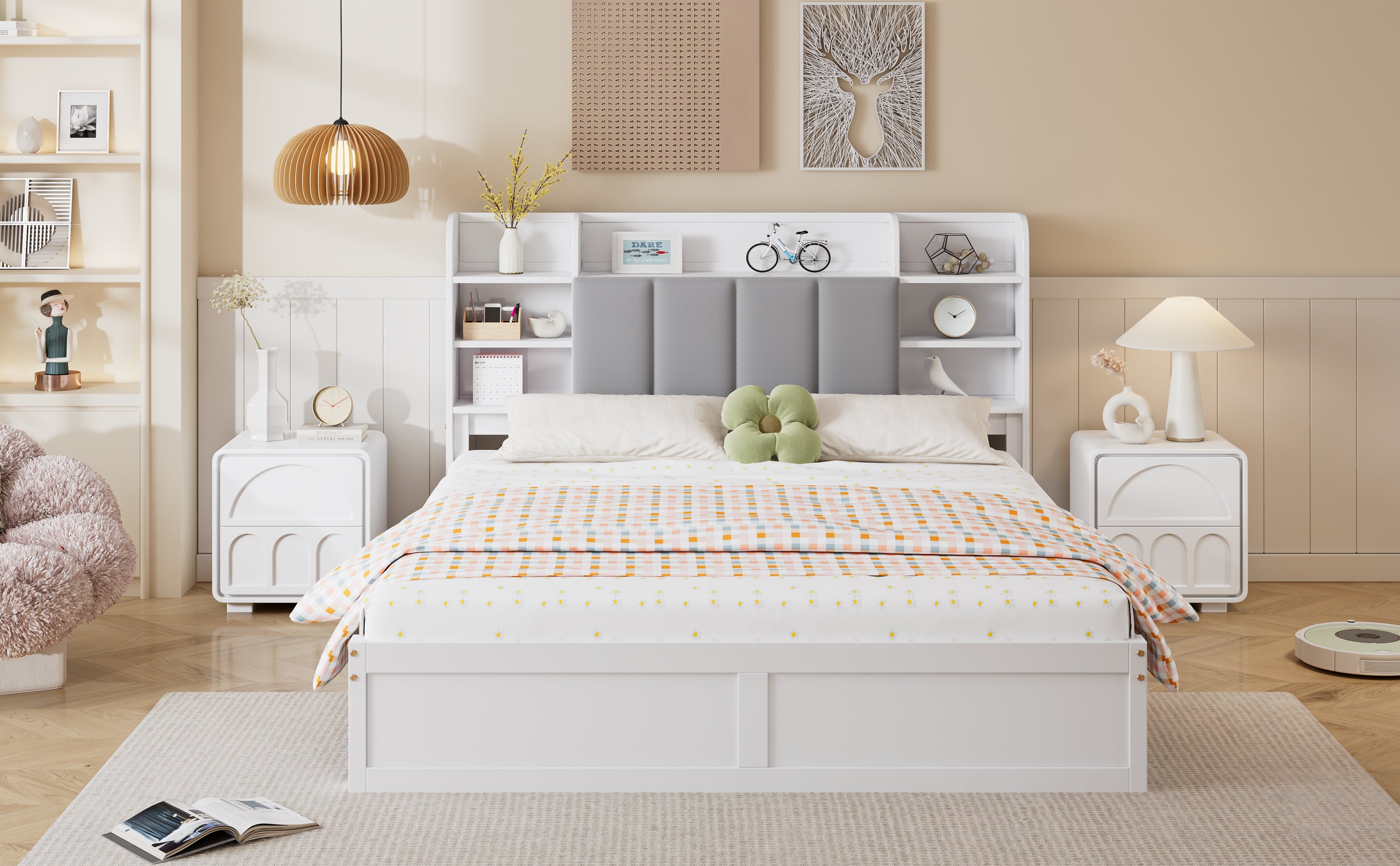 Logidon tweepersoonsbed 160x200 witgrijs, open plank en drie lades