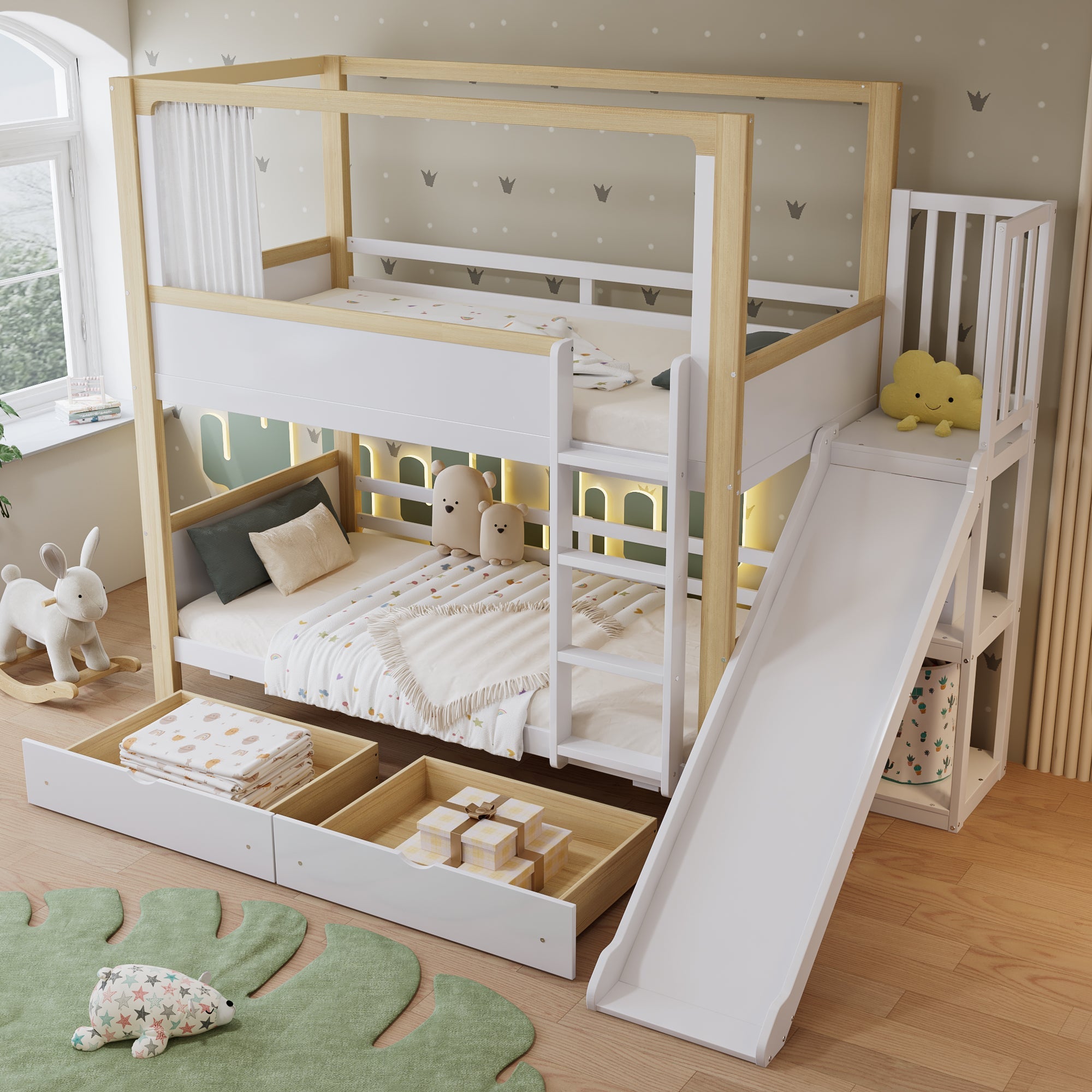 Logidon stapelbed 90x200 wit naturel met glijbaan en lades