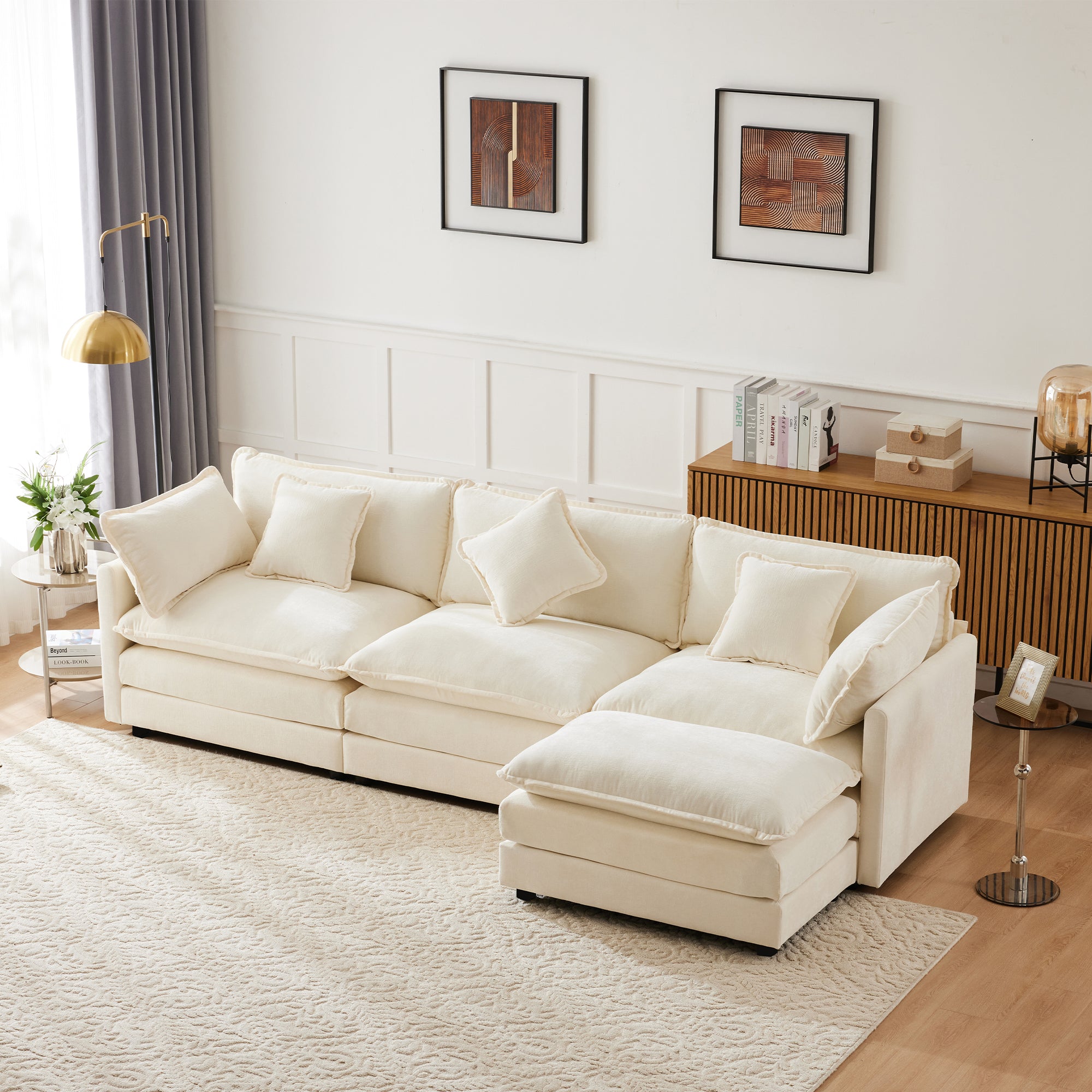 Logidon Driezitsbank Beige Chenille Met Voetensteun