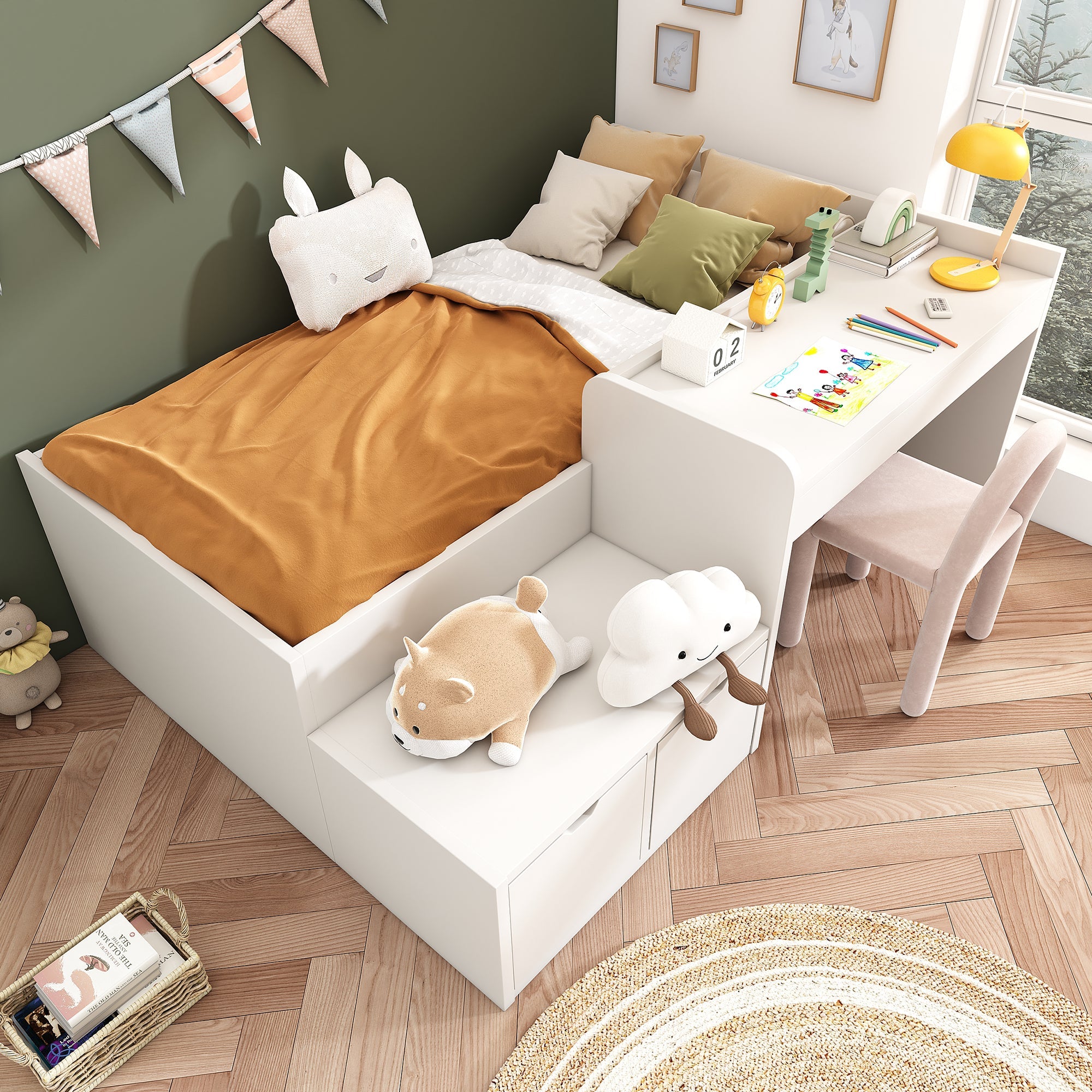 Logidon kinderbed 90x200 massief hout wit met bureau en opbergruimte