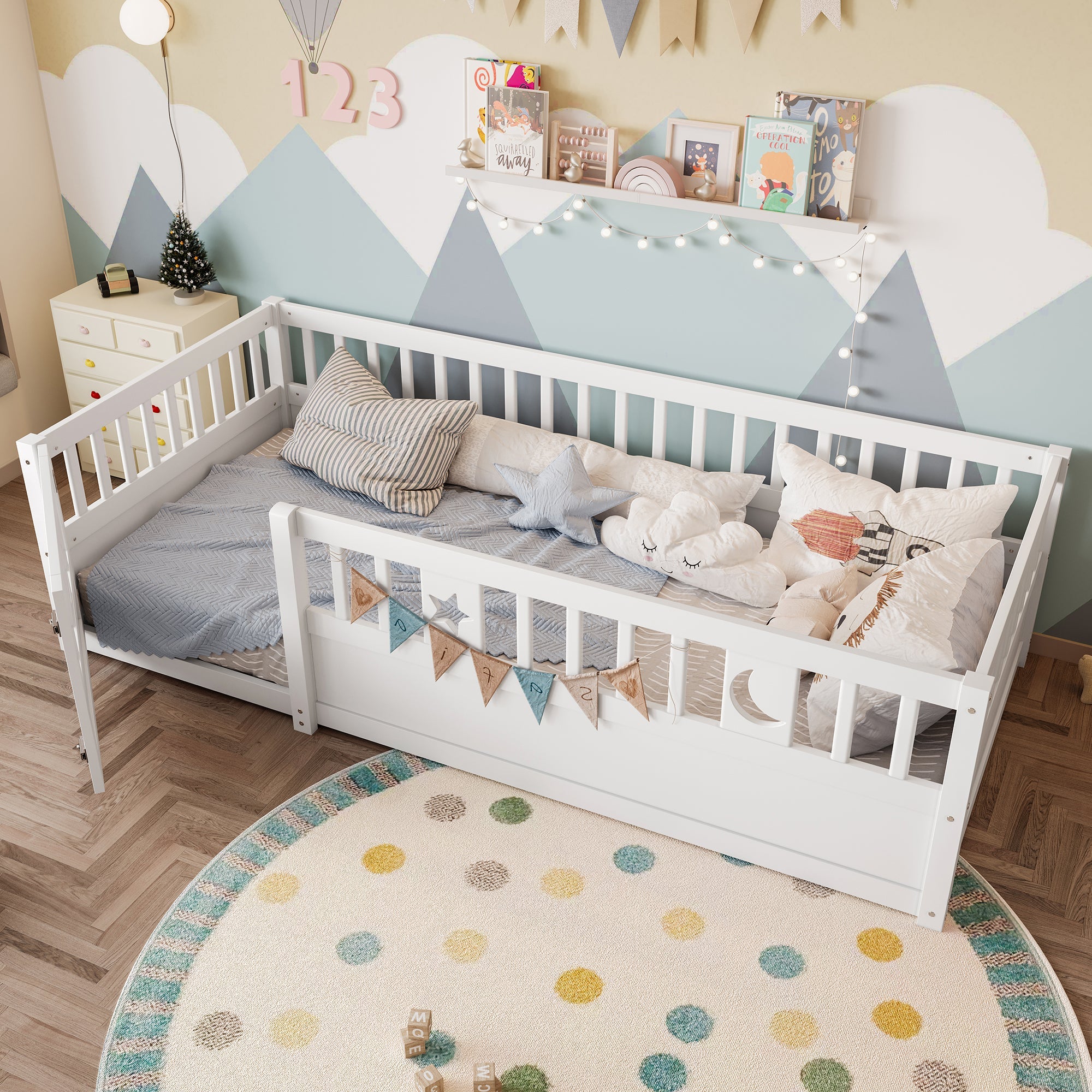 Logidon paneelbed 90x190 cm wit met raster ster maan decor