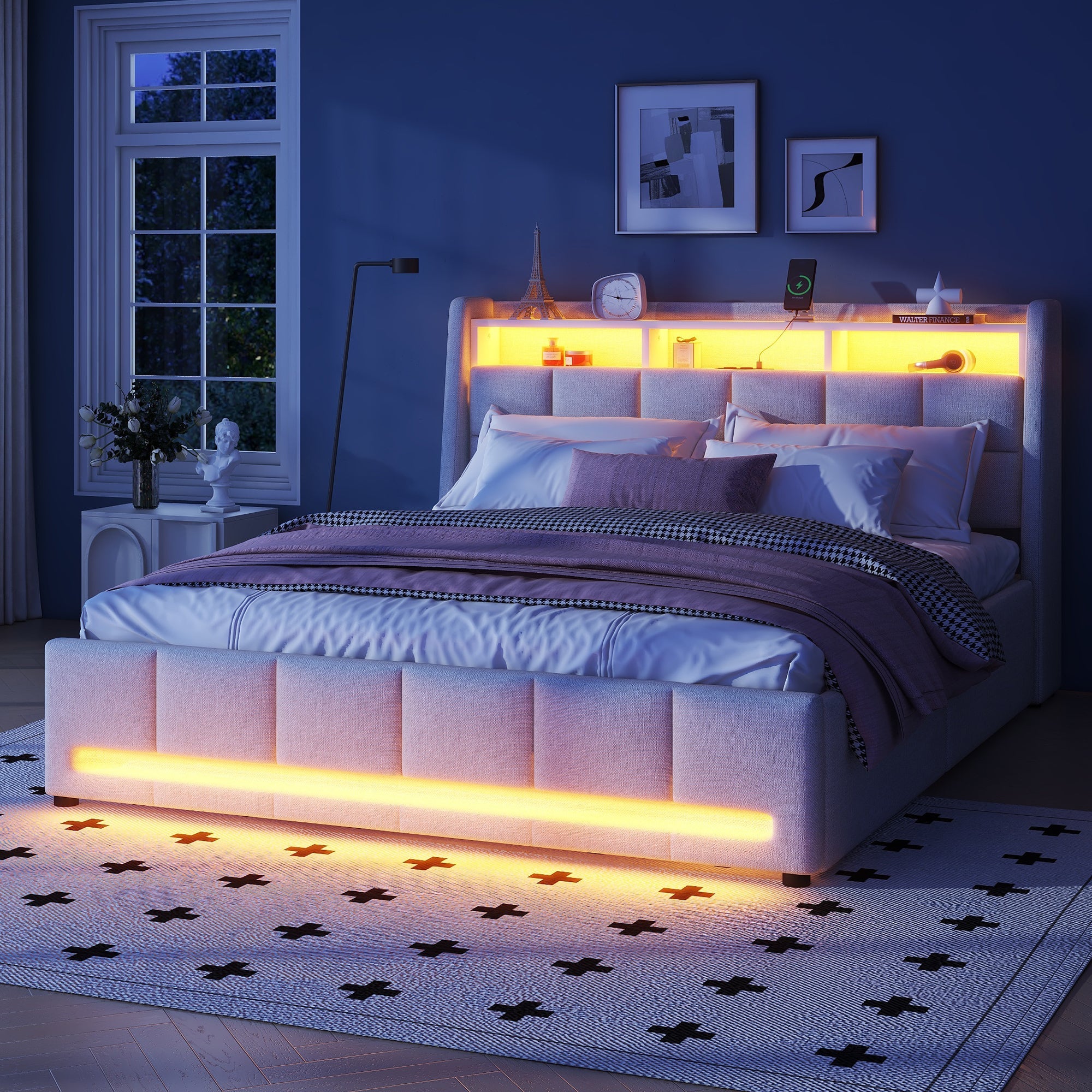 Logidon gestoffeerd bed 140x200 beige met LED-licht en app afstandsbediening