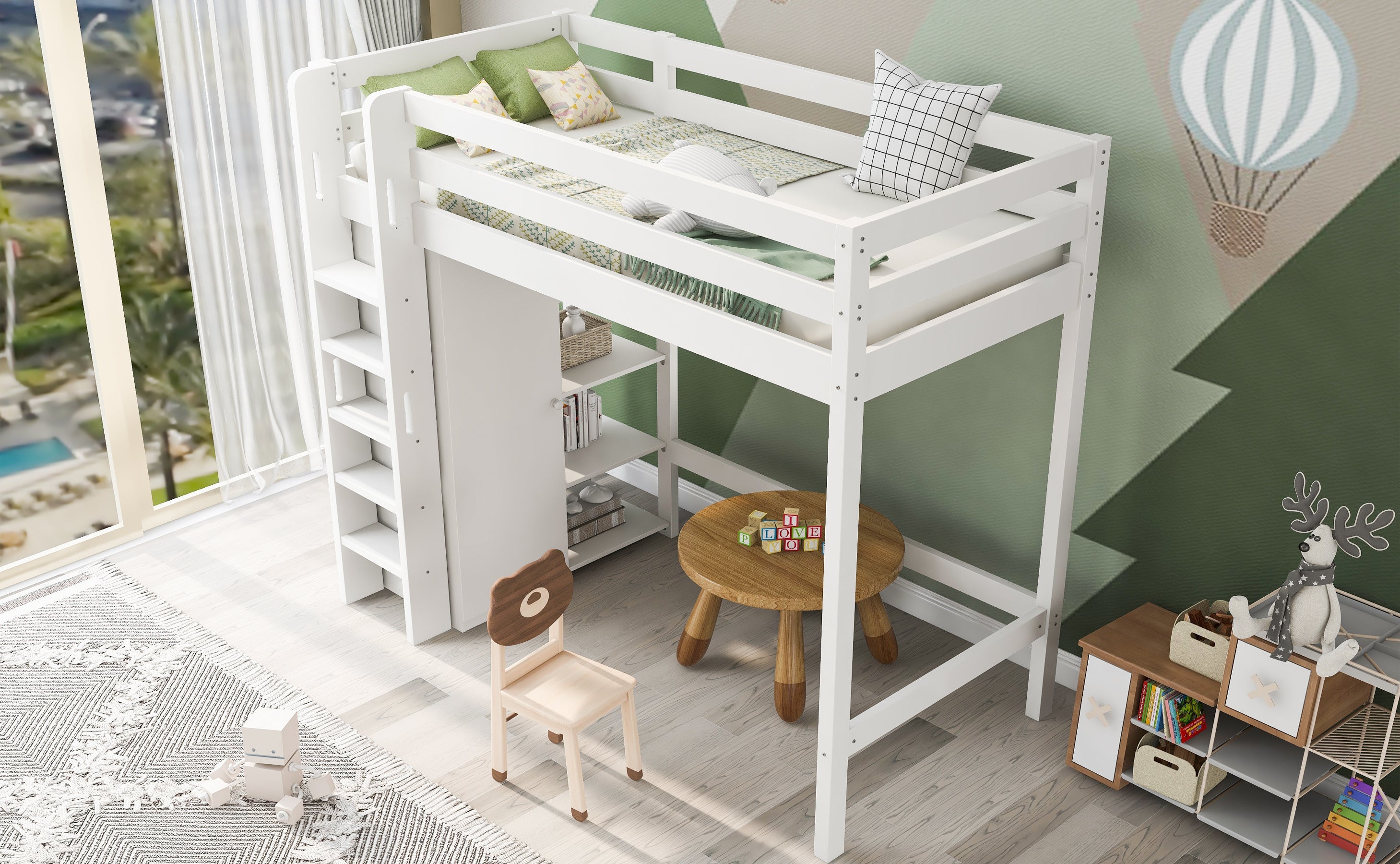Logidon kinderhoogslaper 90x200 cm wit met kledingkast en 6 planken
