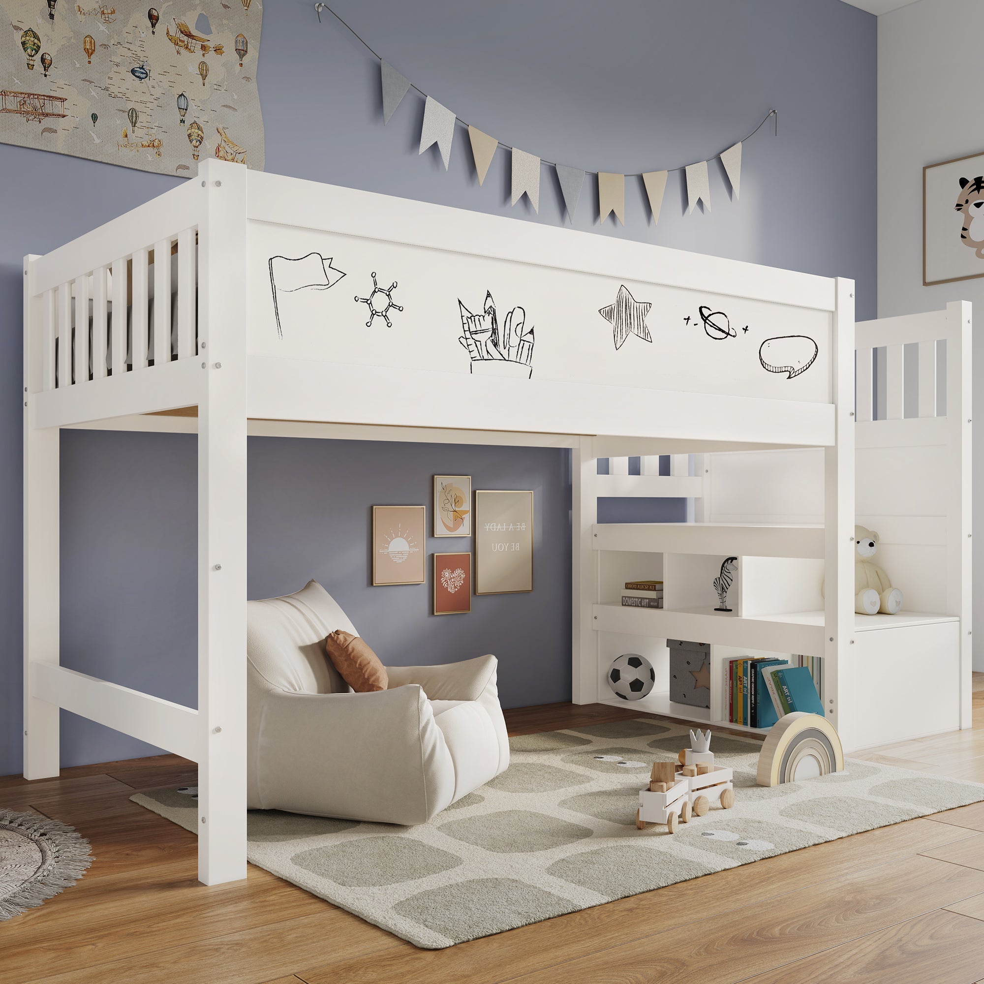 Logidon hoogslaper 90x200 kinderbed met whiteboard wit