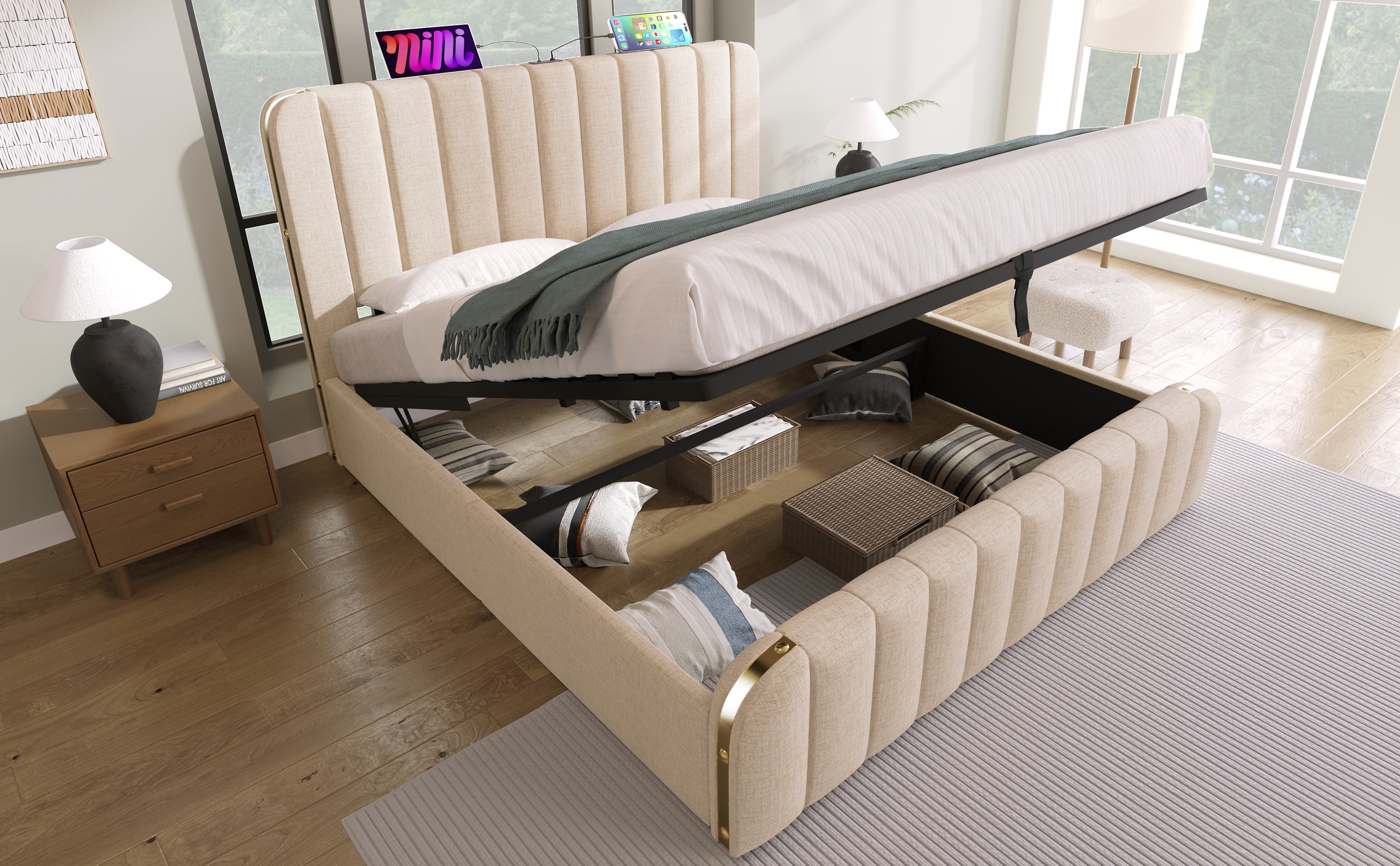 Logidon gestoffeerd bed 160x200 beige linnen met hoofdeinde gouden rand USB-C