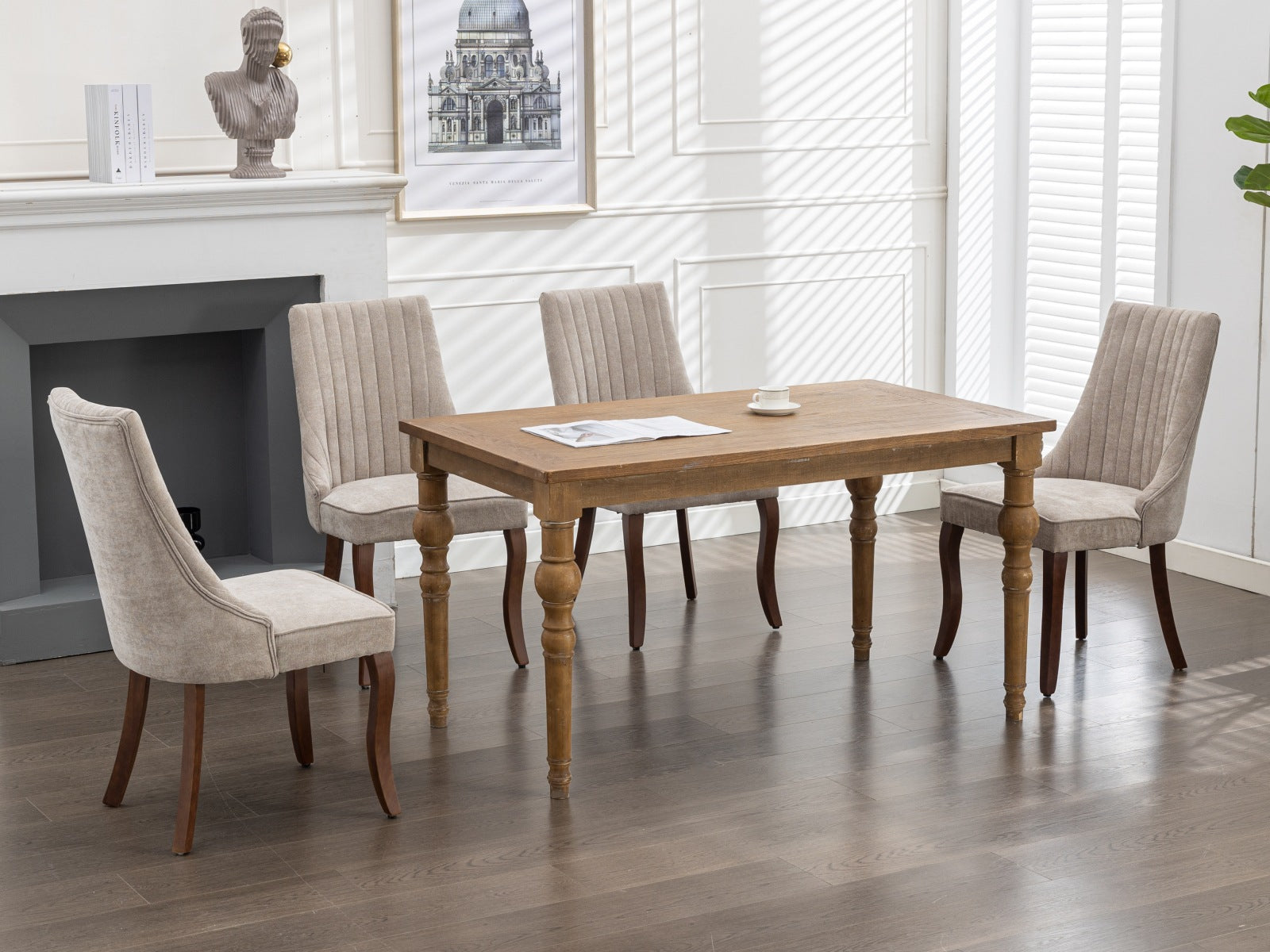 Logidon beige chenille eetkamerstoelen set van 2 massief houten poten