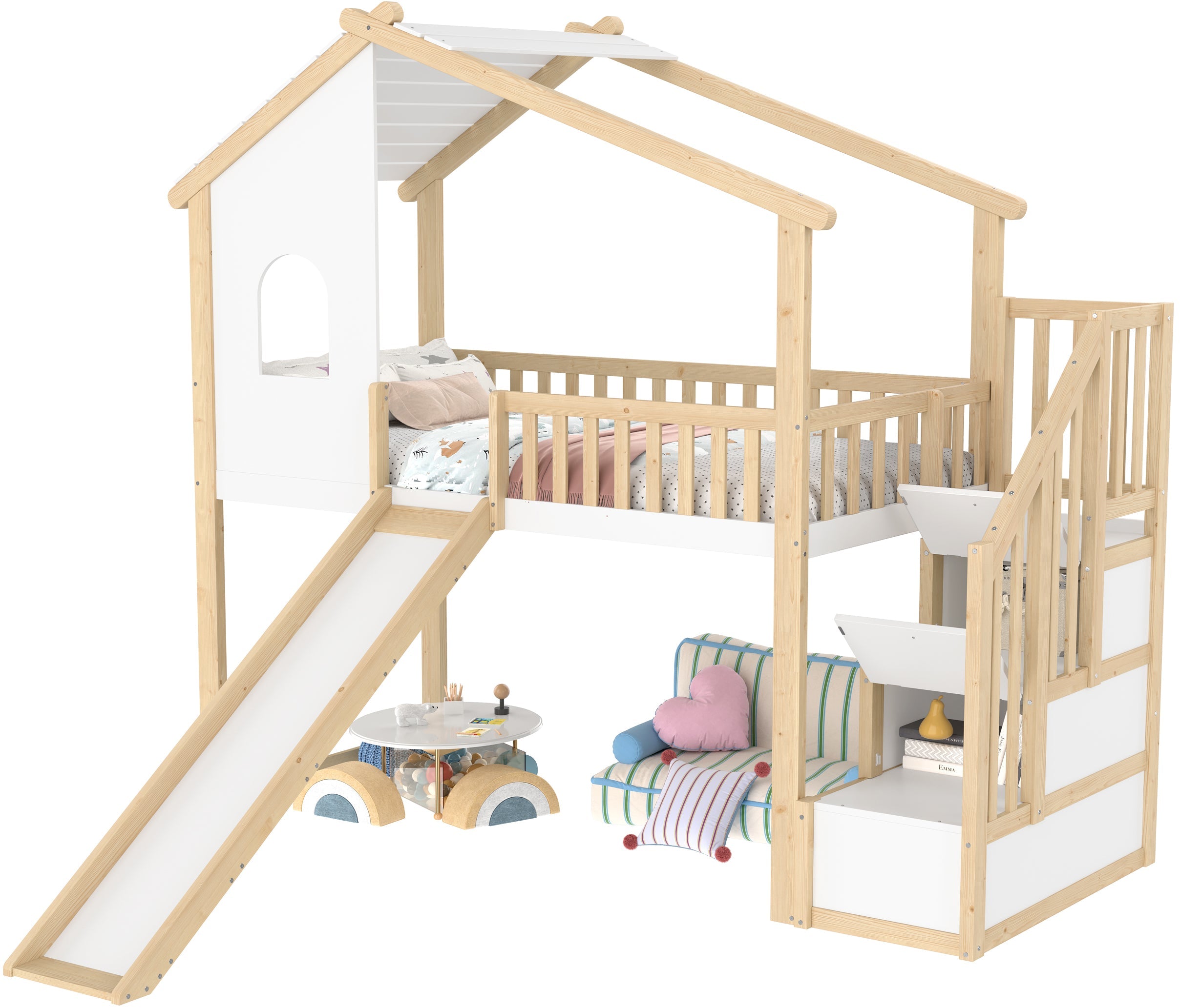 Logidon hoogslaper 90x200 cm naturel wit met bedrail en glijbaan