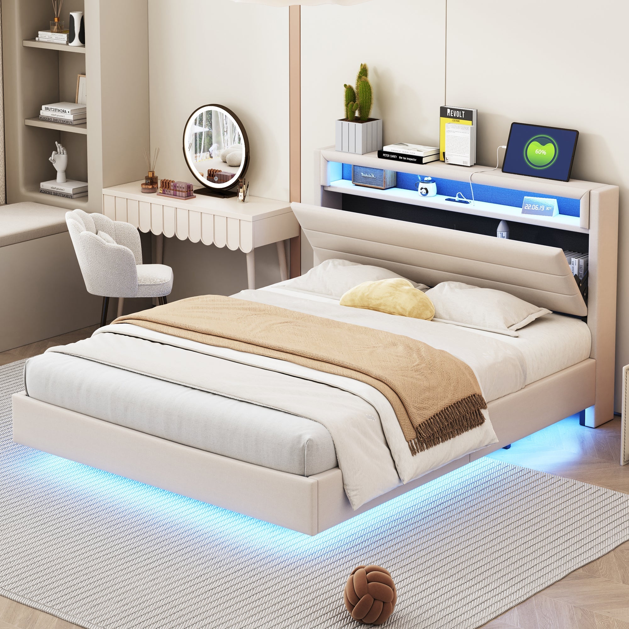 Logidon gestoffeerd bed 140x200 cm met USB oplaadpunt en LED lichtbeige