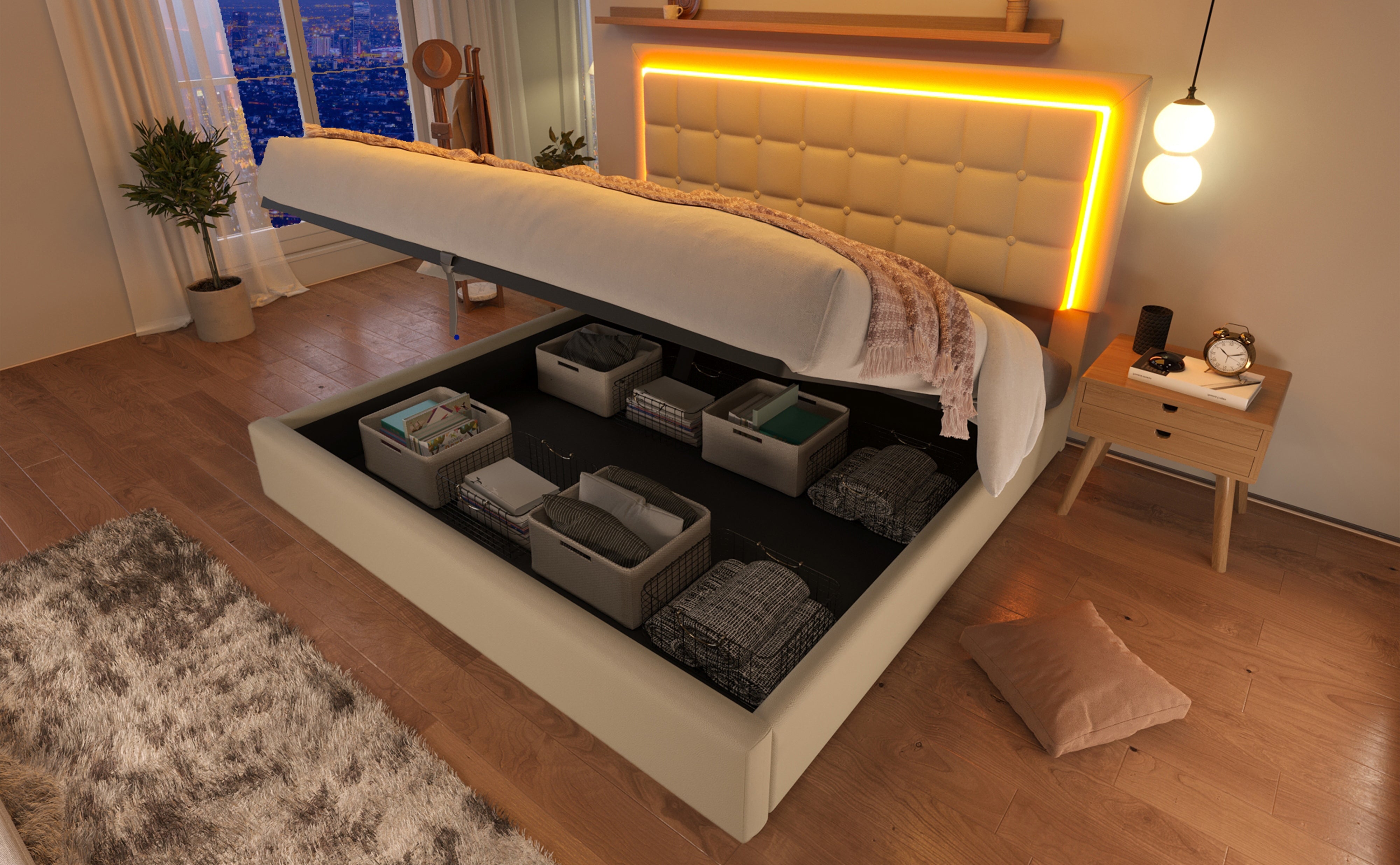 Logidon gestoffeerd bed 140x200 wit met opbergruimte en LED-verlichting