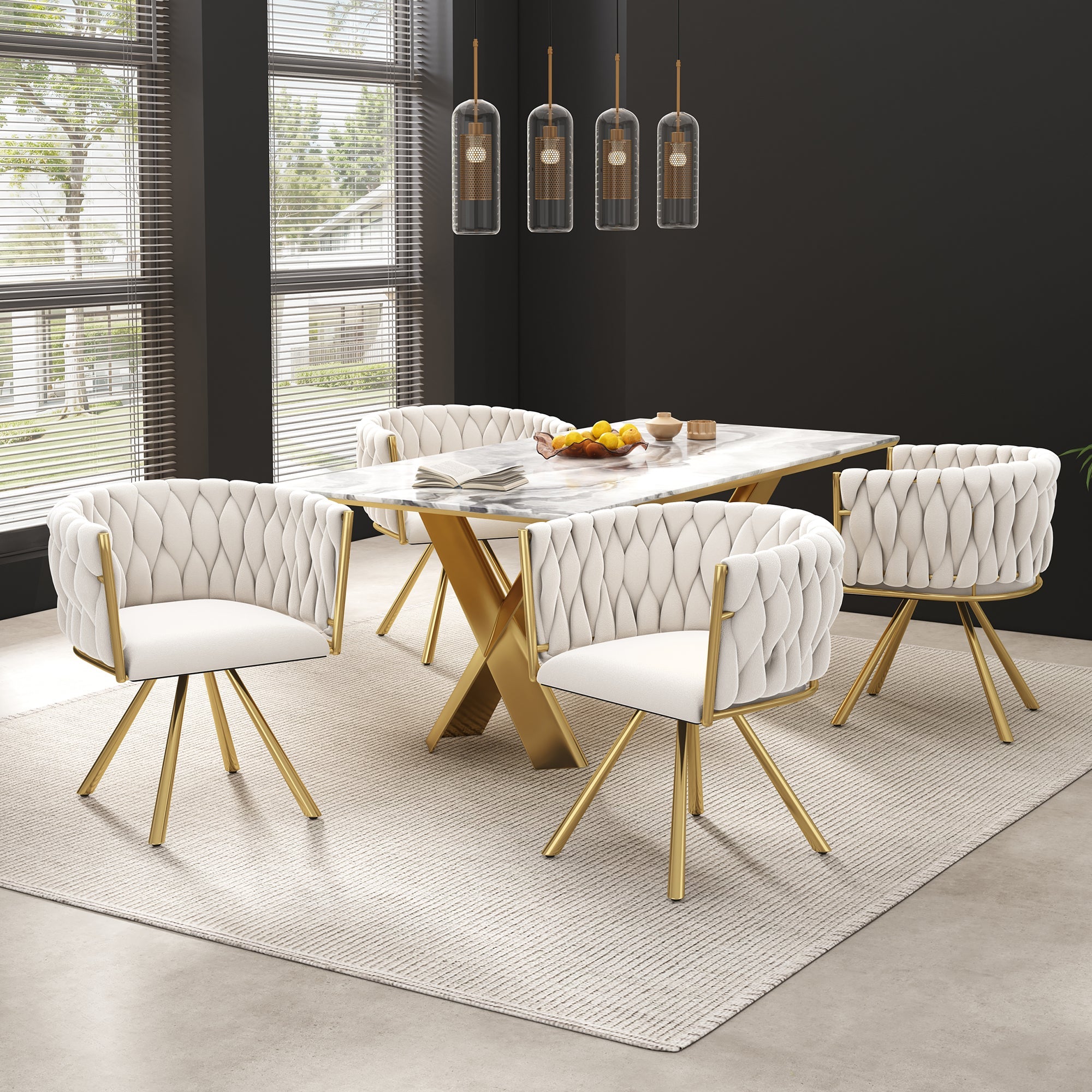 Logidon Velvet Dining Chair Set of 4 Beige Gold Swivel Chairs