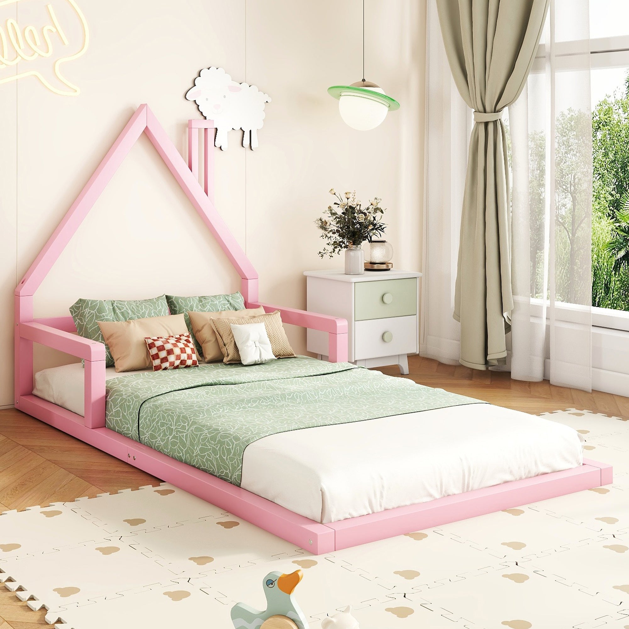 Logidon plat bed 90x200 huisvorm roze massief grenenhout