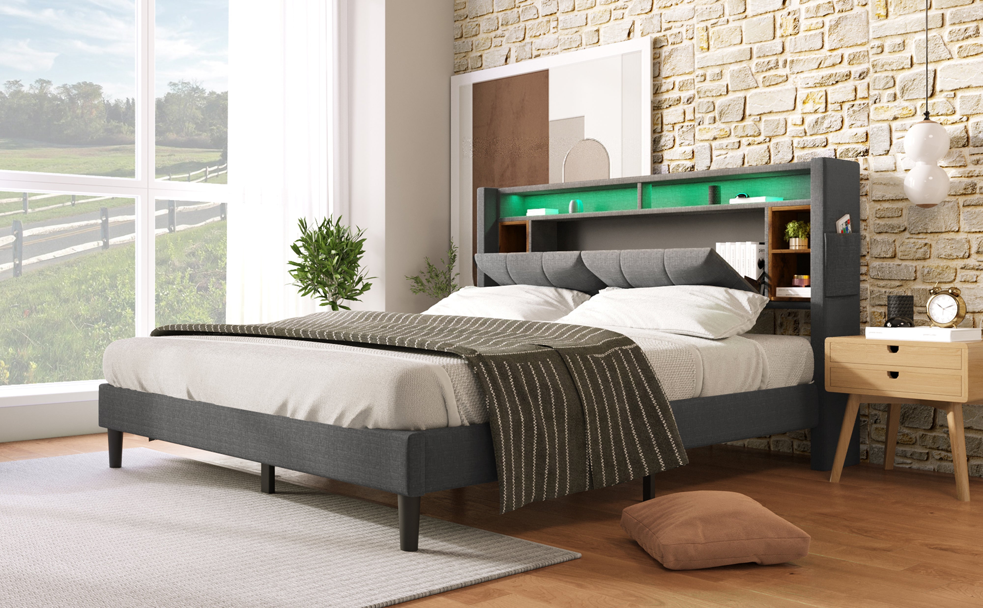 Logidon gestoffeerd bed tweepersoonsbed opbergruimte hoofdbord USB LED grijs 140x200