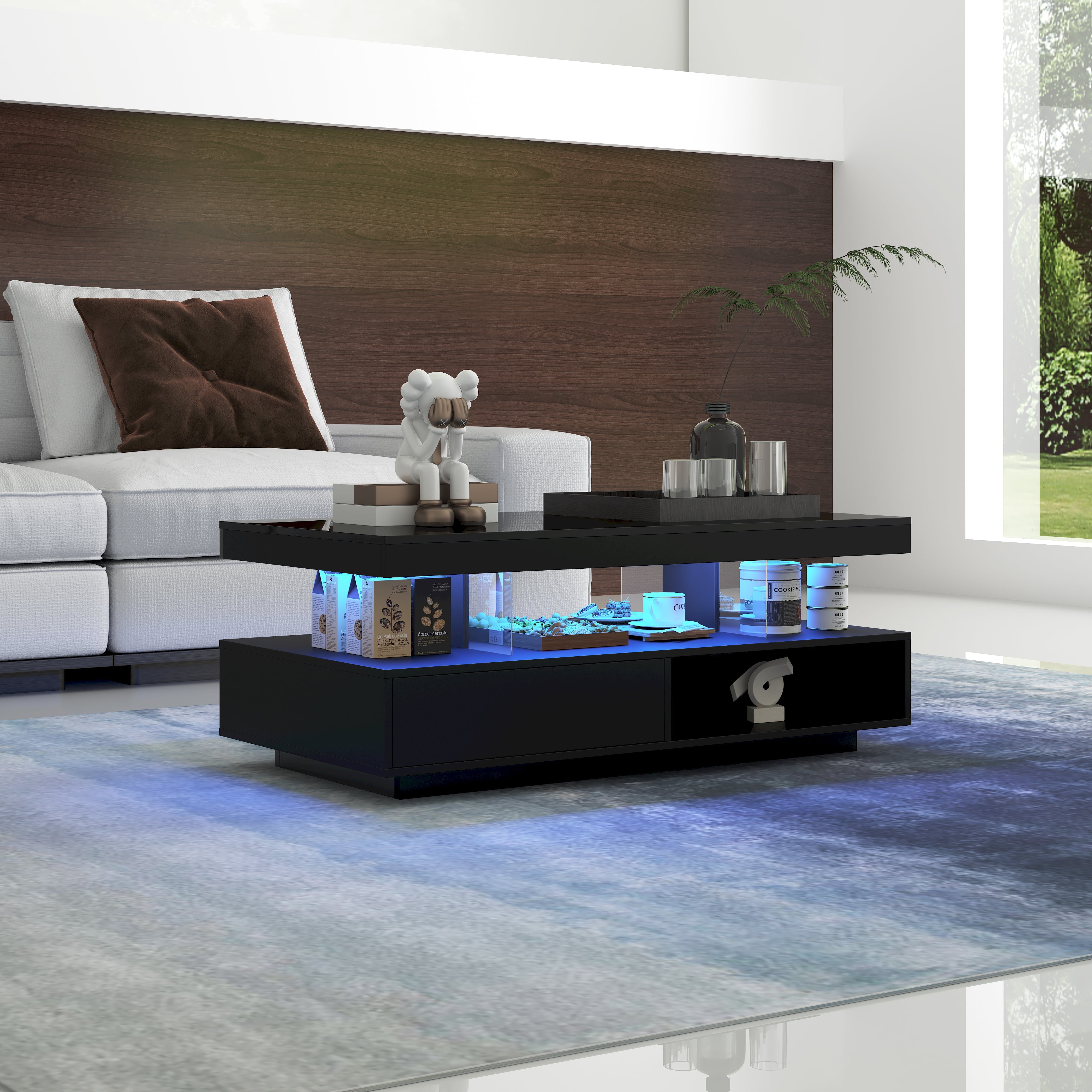 Logidon hoogglans salontafel zwart 95x50x42,5 cm glazen bladen