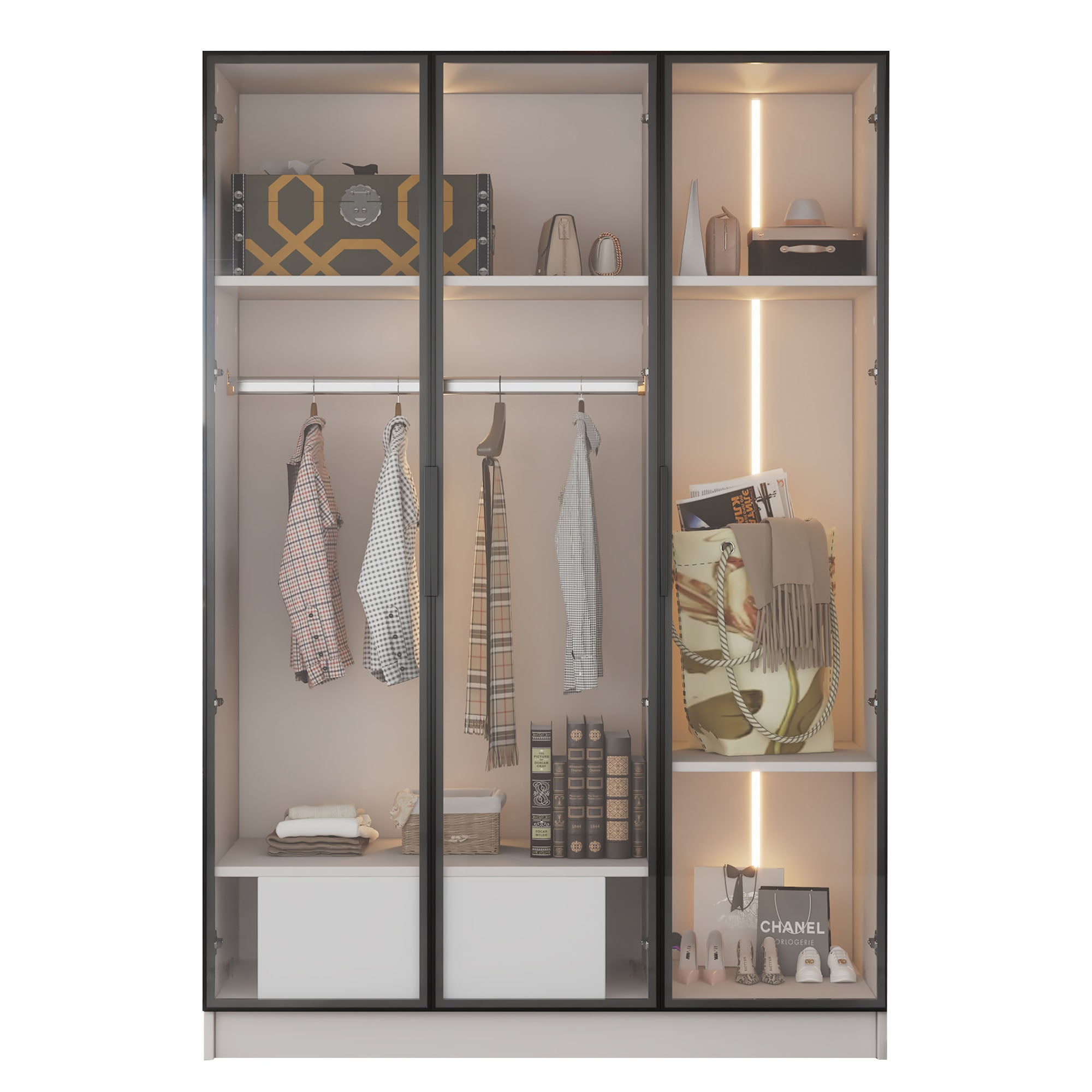 Logidon Witte kledingkast 110x50x160 cm met 3 glazen deuren LED