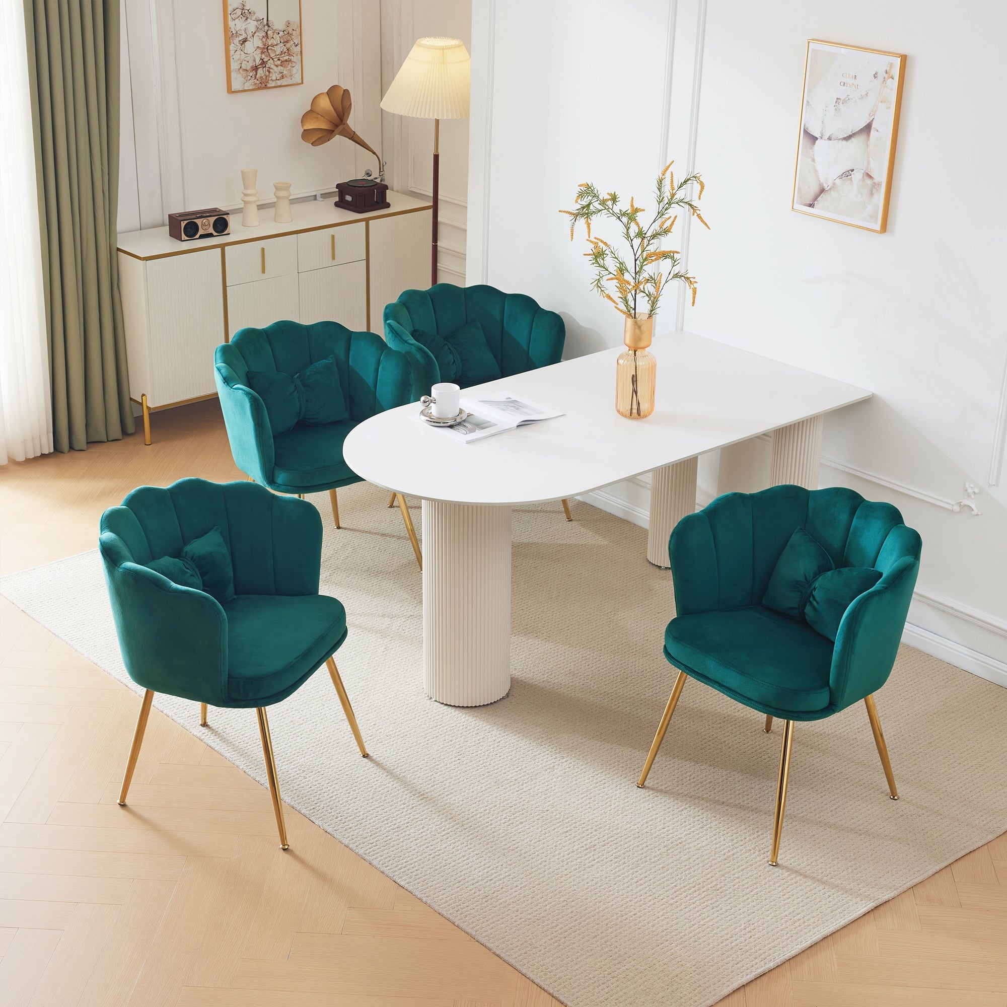 Logidon Set van 4 Fluwelen Stoelen Groen met Bladdesign en Gouden Poten