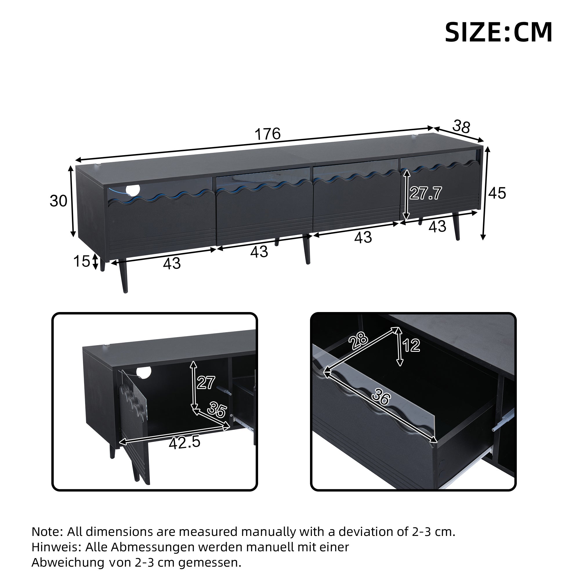 Logidon 176x38x45 cm zwart TV-lowboard met LED-verlichting