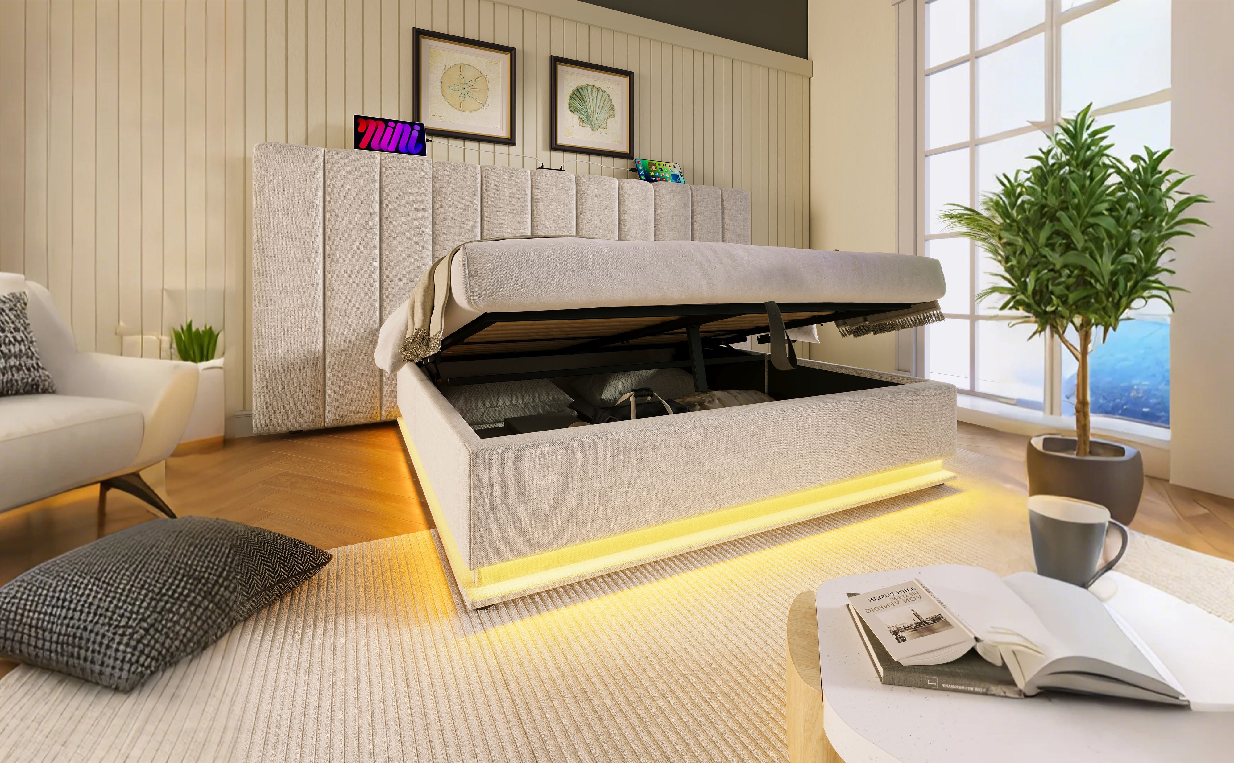 Logidon gestoffeerd bed 180x200 opbergruimte met LED USB oplaadfunctie beige
