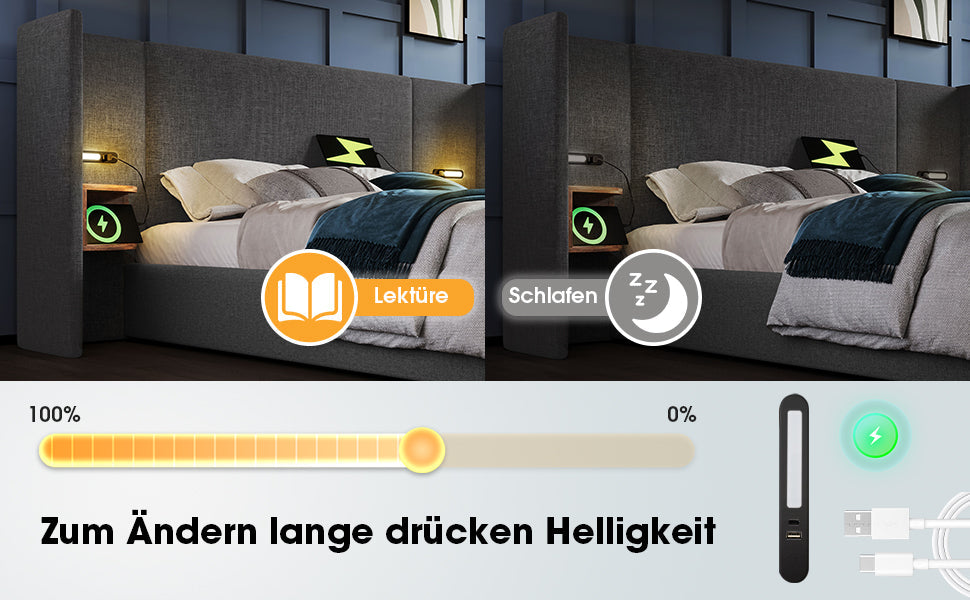 Logidon gestoffeerd bed tweepersoonsbed 160x200 grijs linnen nachtkastje opbergruimte