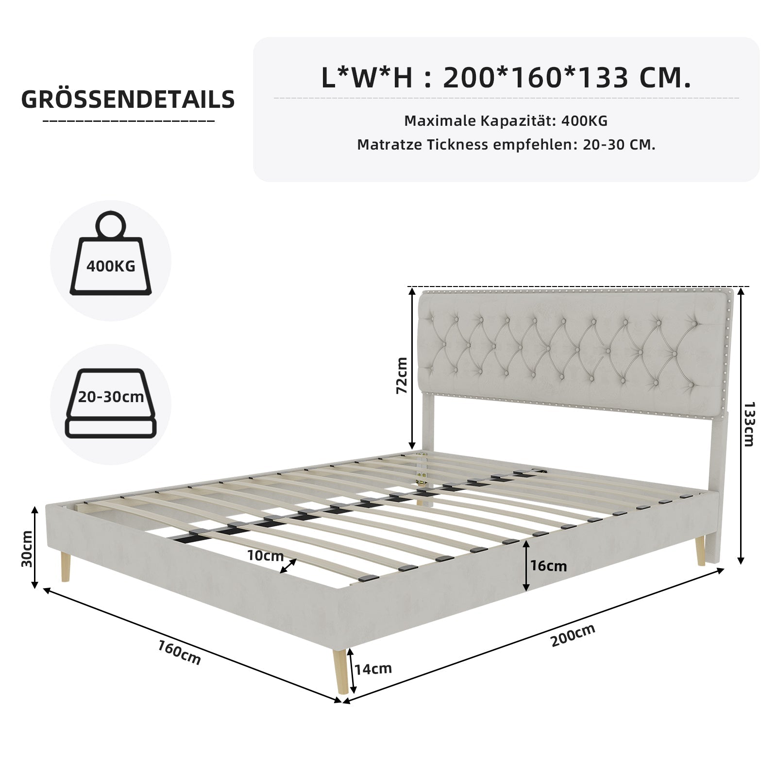 Logidon bed 160x200 platformbed met hoofdeinde van beige stof