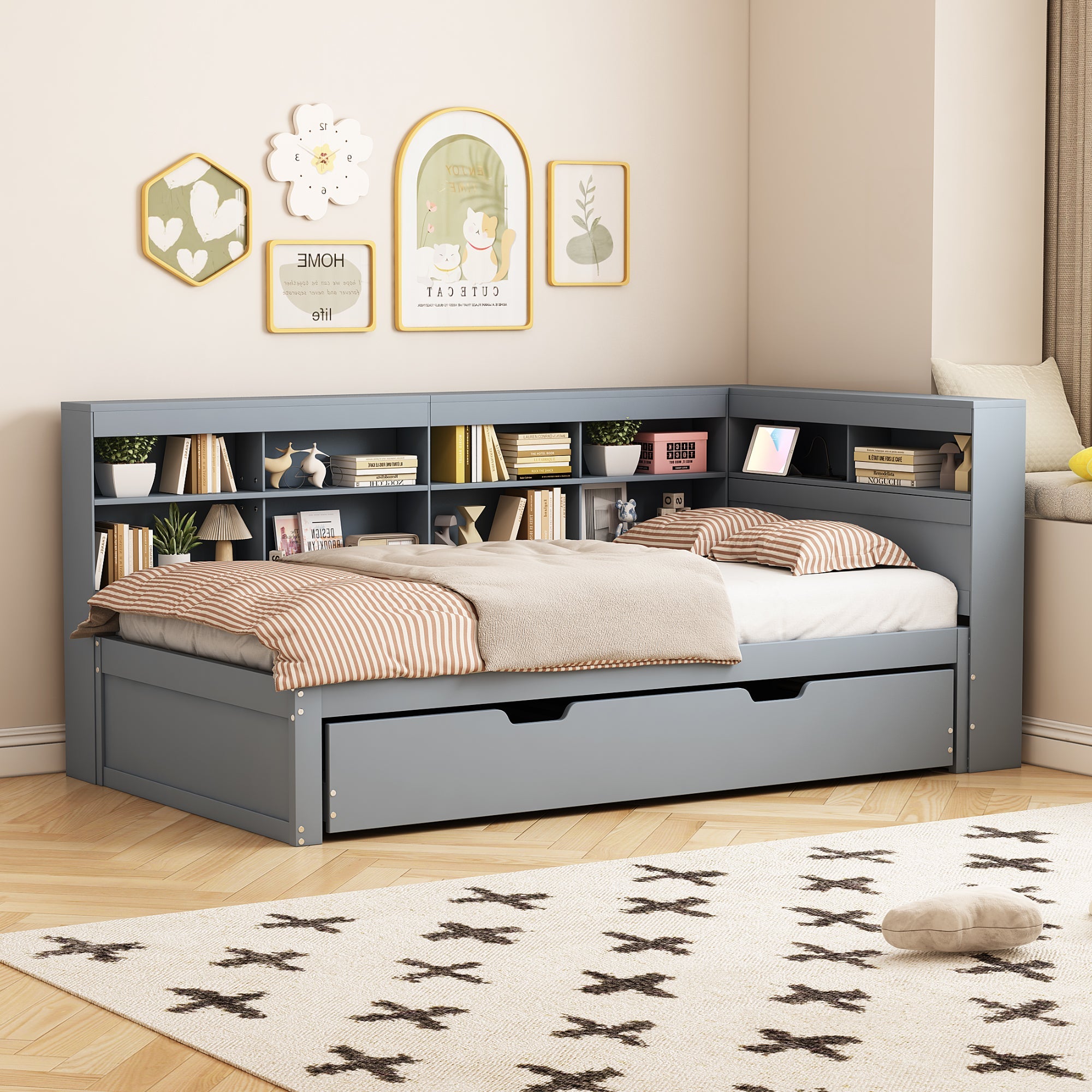 Logidon slaapbank 90x200 cm, uitschuifbaar bed 90x190, grijs