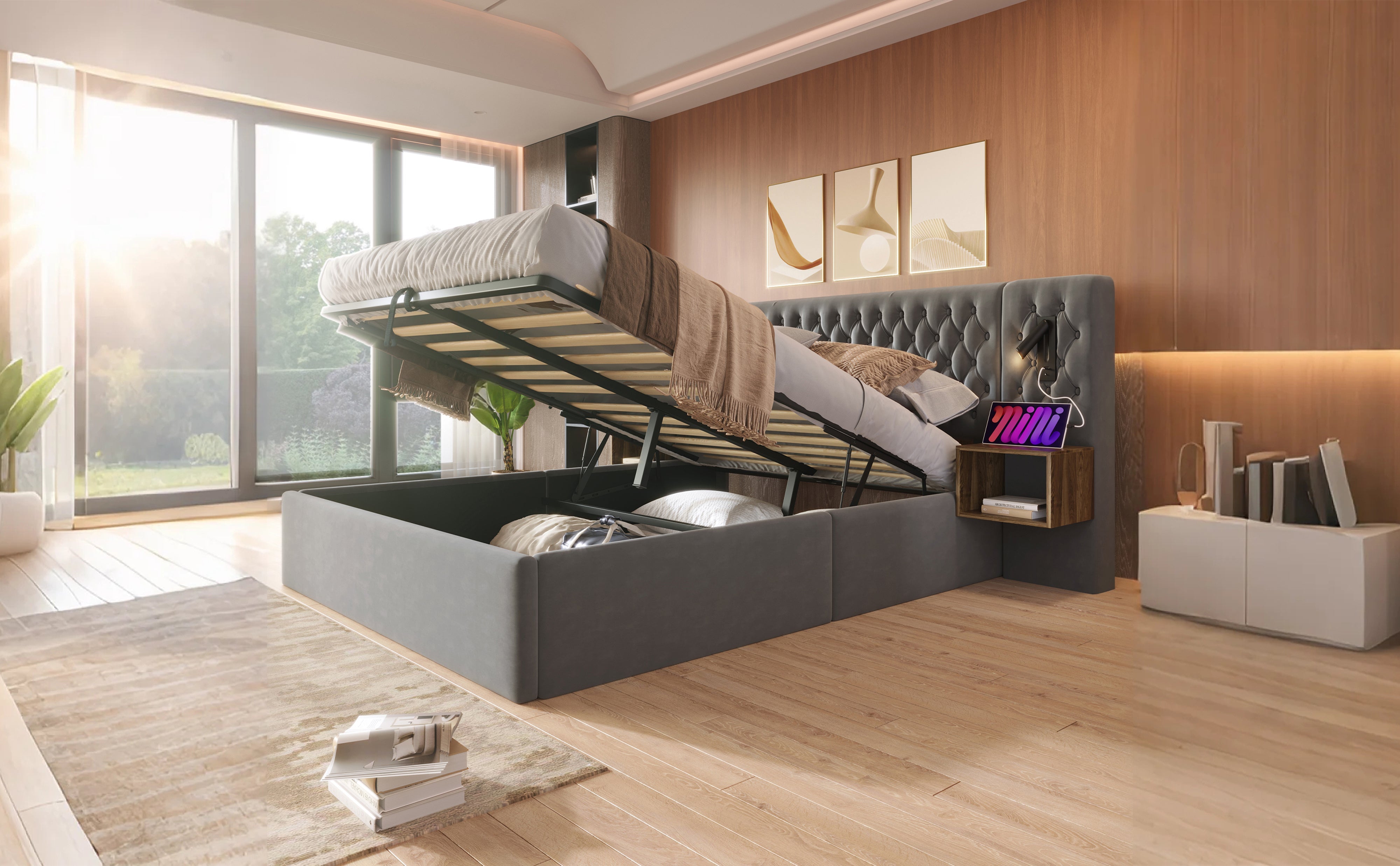 Logidon bed system hydraulic storage bed 160x200 cm gray velvet