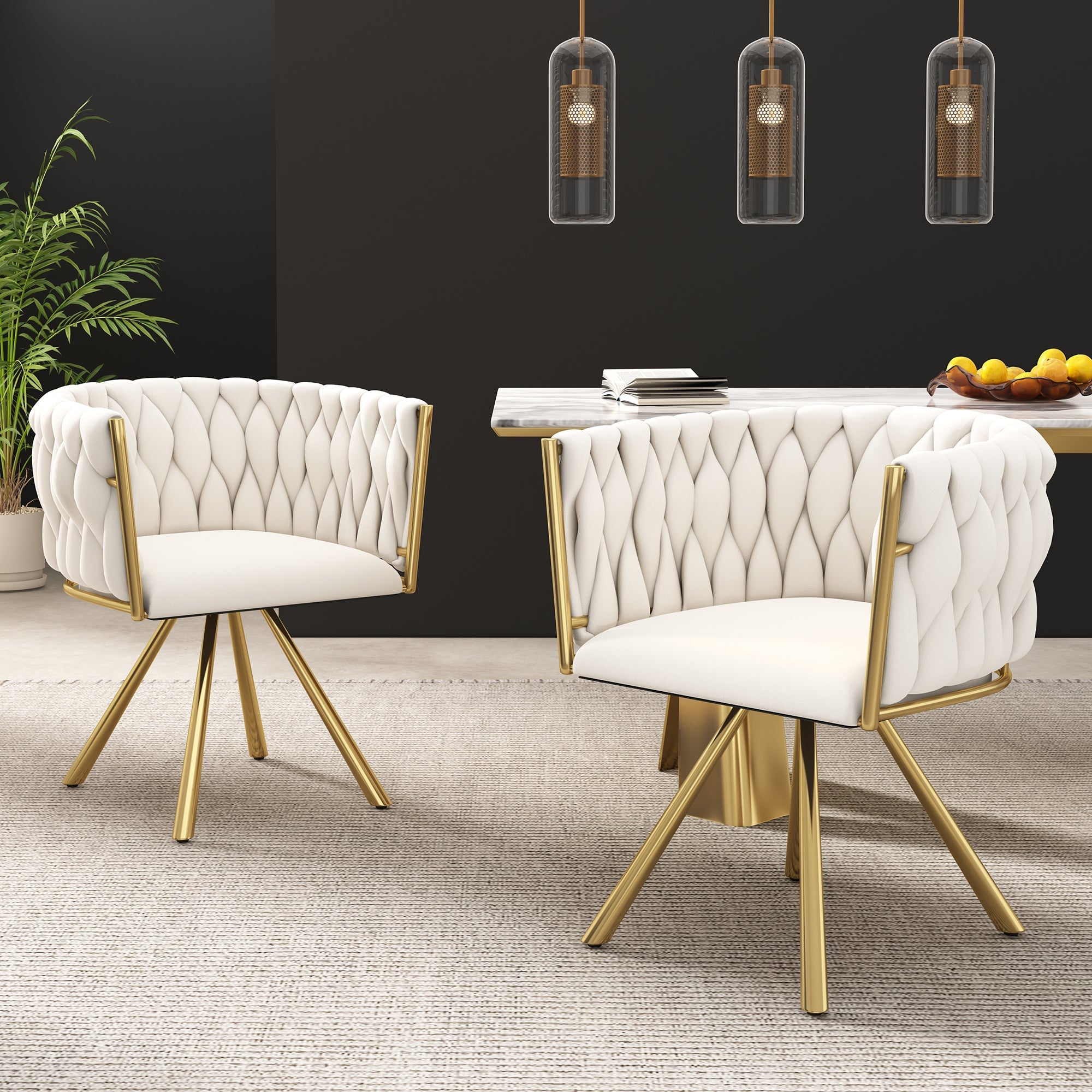 Logidon Velvet Dining Chair Set of 4 Beige Gold Swivel Chairs
